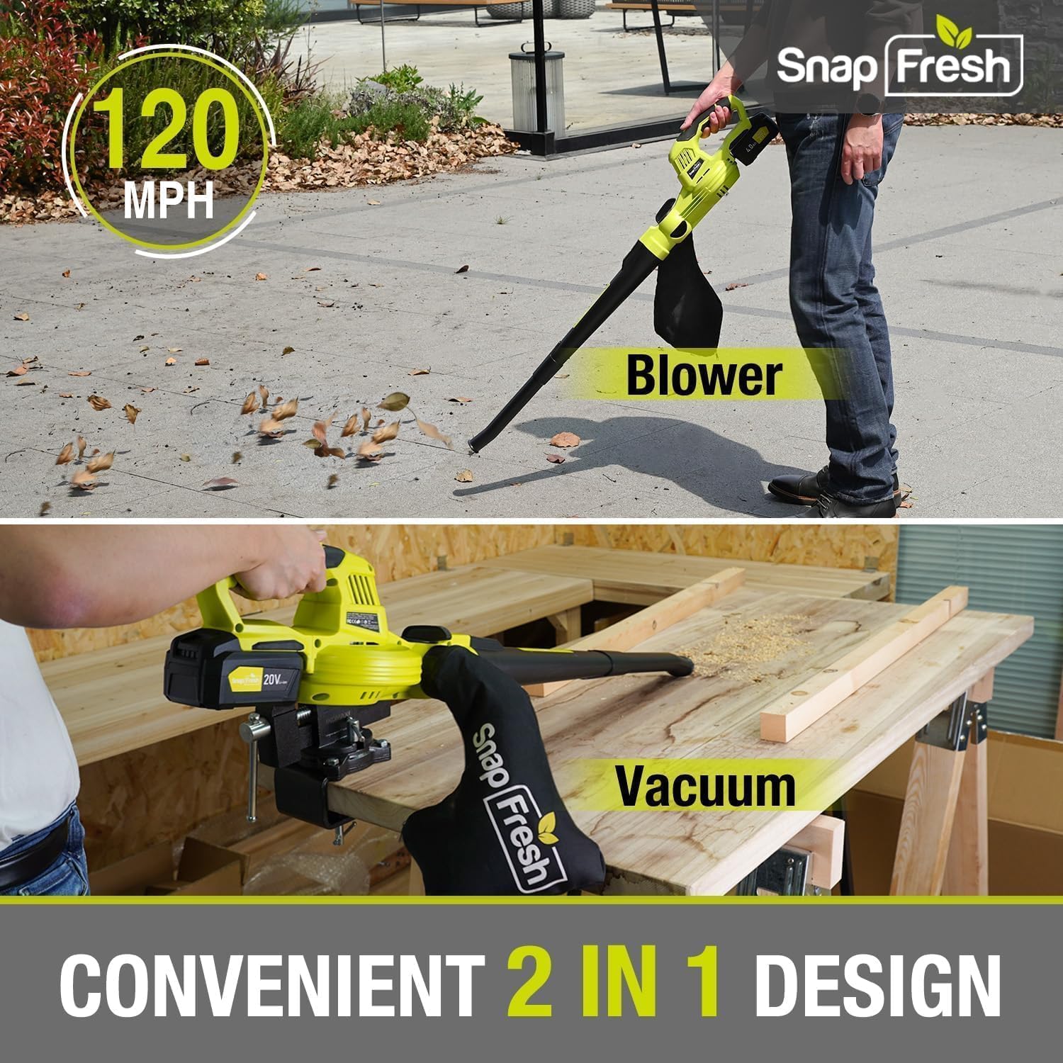 SnapFresh Cordless Blower & Vacuum - 2 in 1 Electric Blower with 4.0Ah Lithium Battery & 2h Fast Charger, 20V Handheld Vacuum Sweeper with Bag for Small Trash, Car, Dust, Pet Hair, Corner Cleaning