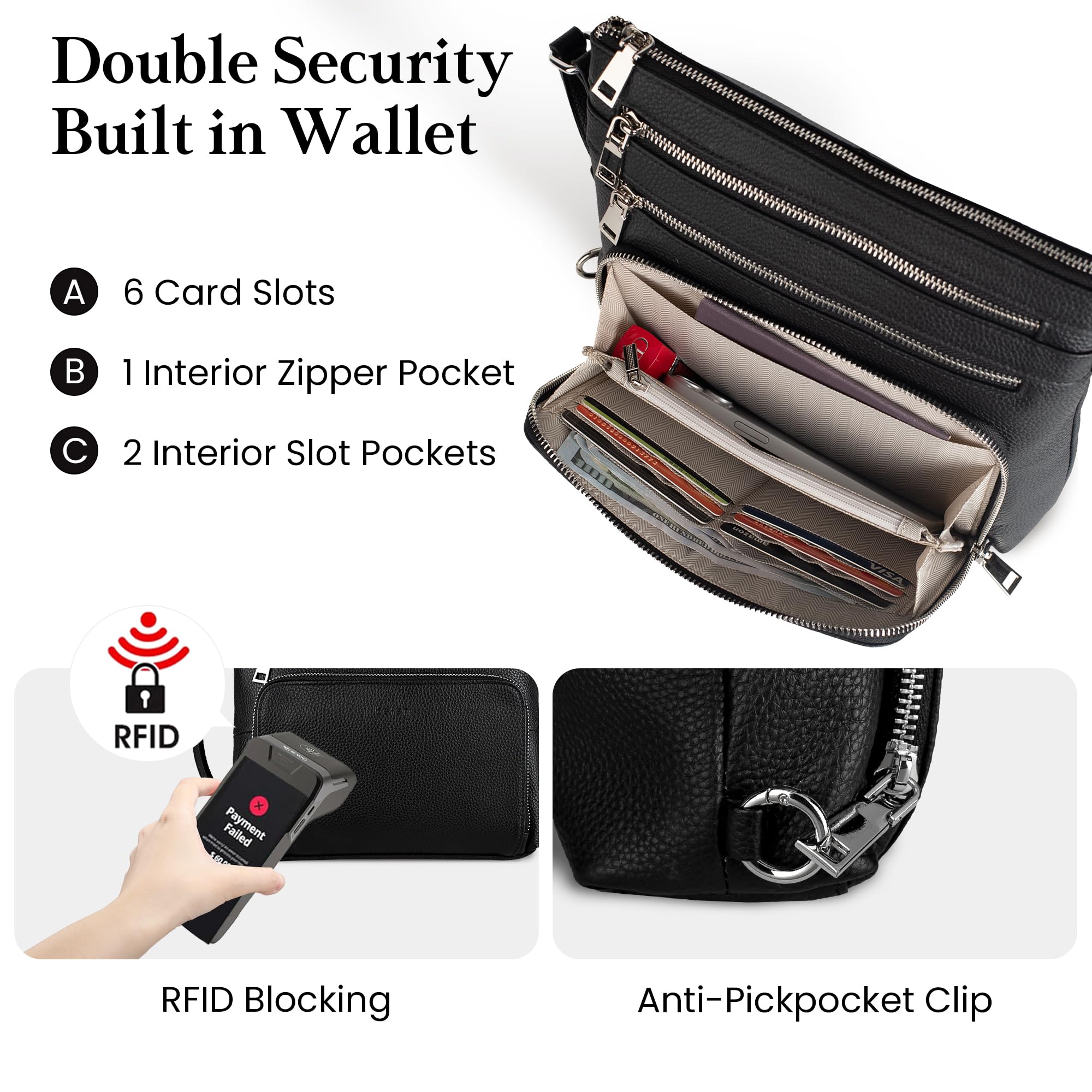 befen Black Genuine Leather Crossbody Purses for Women, Ladies Anti-Theft Medium Crossbody Shoulder Bags with Built in RFID Blocking Wallet