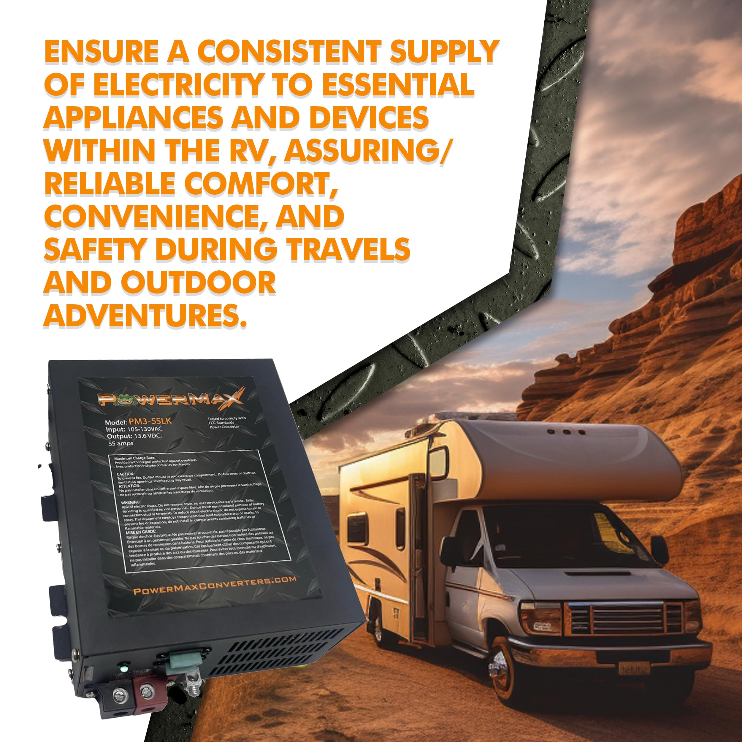 Powermax RV Converter | 55 Amp | 12V Power Converter with Built-in 4 Stage Smart Battery Charger | 110V AC to 12V | Lithium Compatible | Fully Adjustable Output from 13V to 16.5V | PM3 55LK
