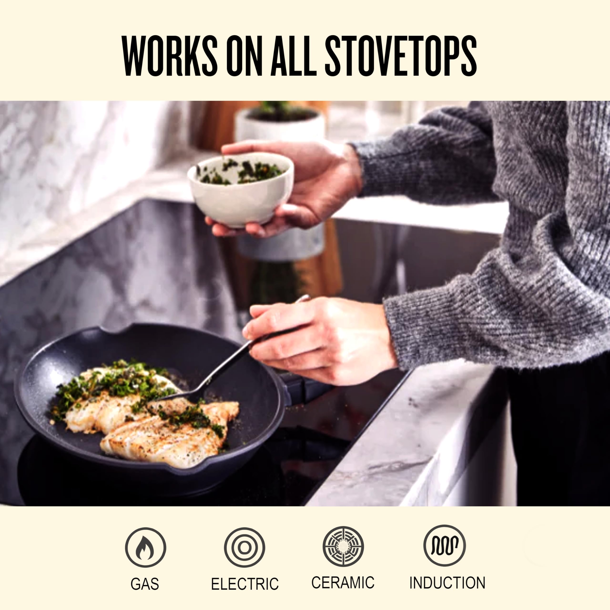 Alva Energy Nonstick Ceramic Fish Pan 13.7" - Lightweight, Easy to Clean and Made without PFAS, PFOA & PTFE - Induction and All Stovetop Compatible with Even Heat Distribution