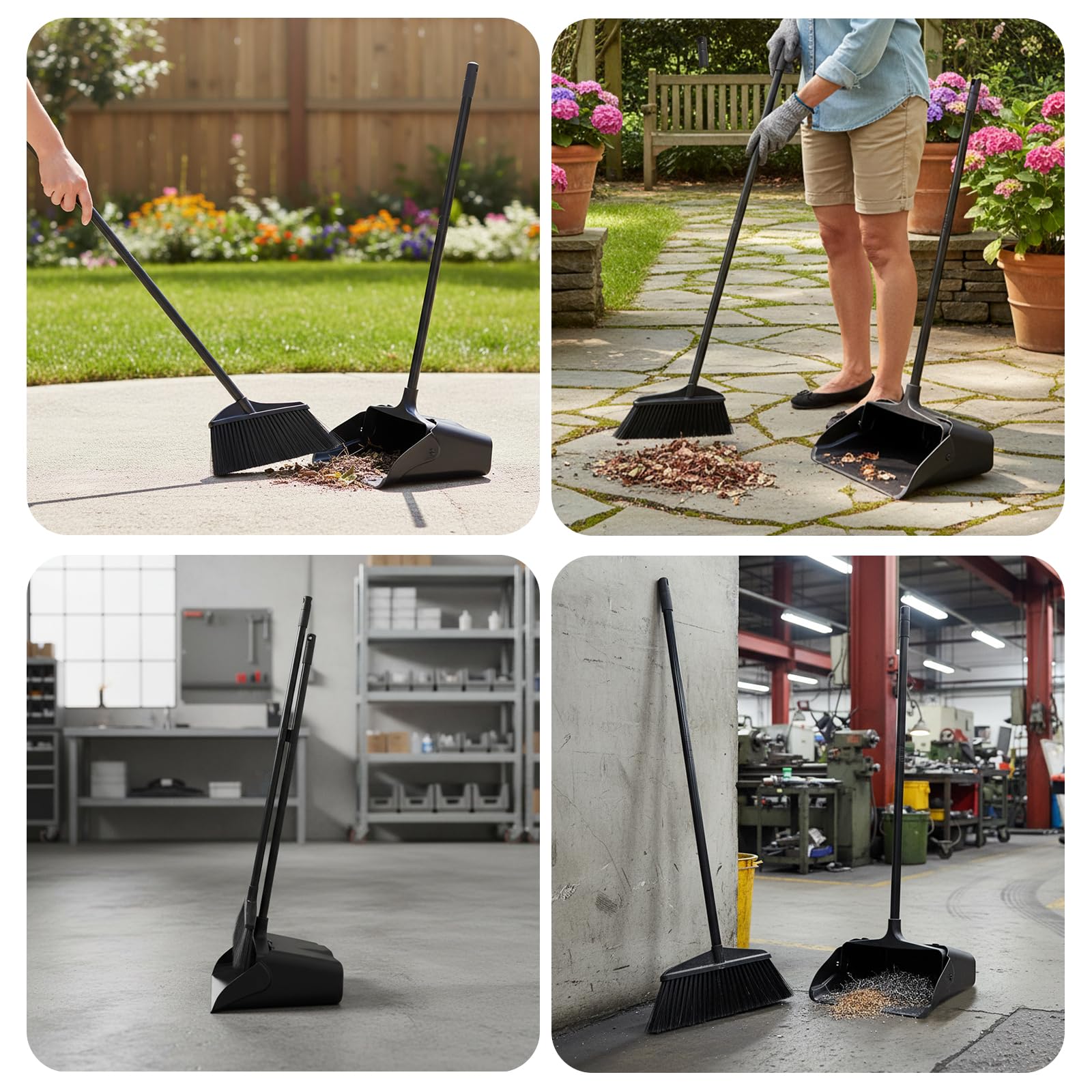 Primero Basics Broom and Dustpan Set with Long Handle and Wheels, Upright Standing Heavy Duty Large Dust Pan and Broom Combo for Indoor Outdoor, Kitchen, Garage, Restaurant Cleaning – Black
