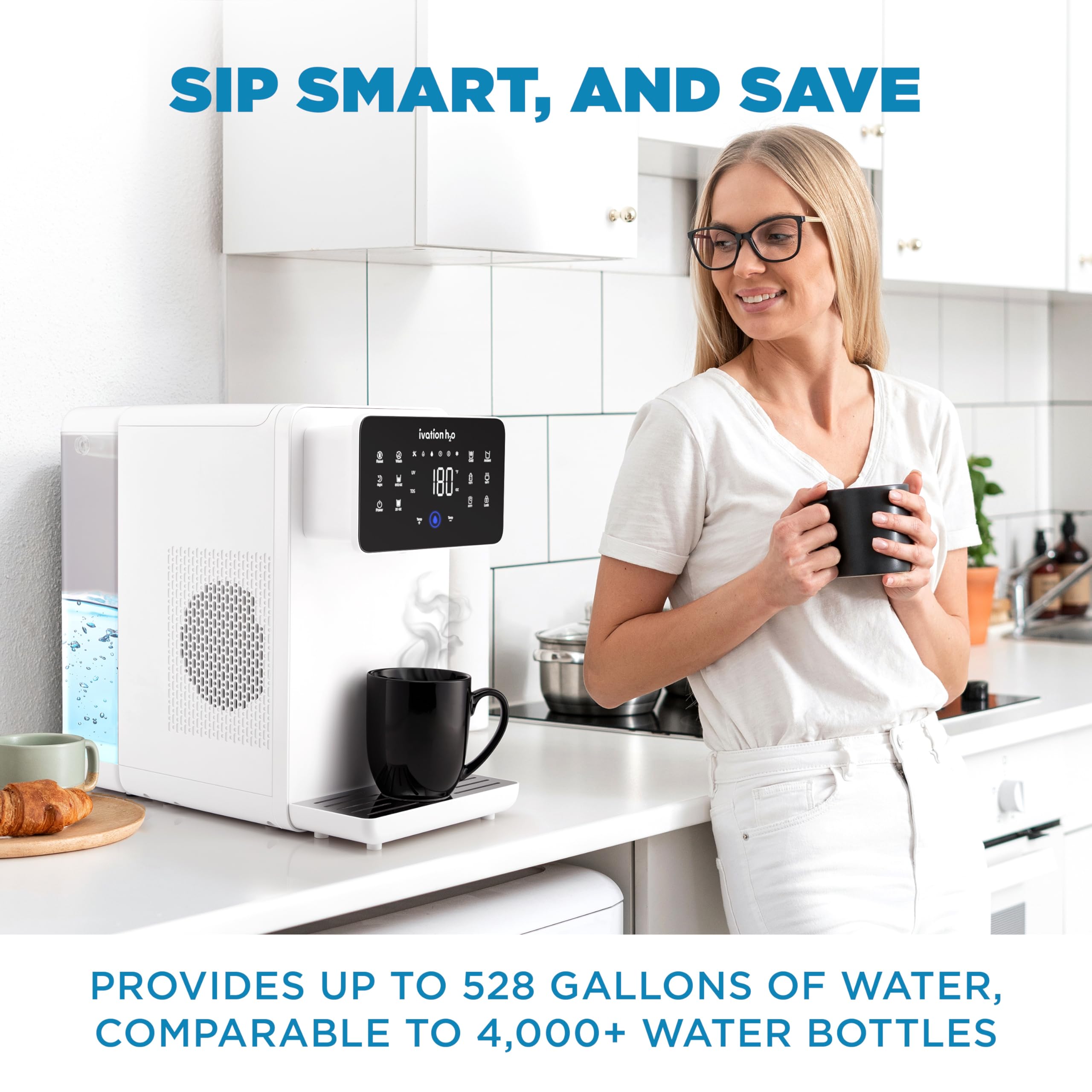 Ivation H2O Hot & Cold Countertop, Reverse Osmosis Water Filter, TDS Filter System, 4 Stage RO Water Filtration, 6 Temperature Presets, 3:1 Pure to Drain, Portable Plug-and-Play - White