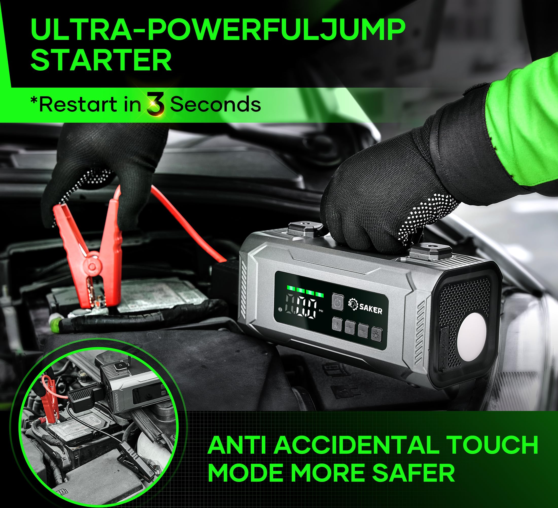 Saker Jump Starters - Tire Inflator Portable Air Compressor|Car Battery Charger|1500A Jump Starter Battery Pack|10400mah Portable 15V Jump Box with LED Light|Automotive Emergency Kits for Vehicles