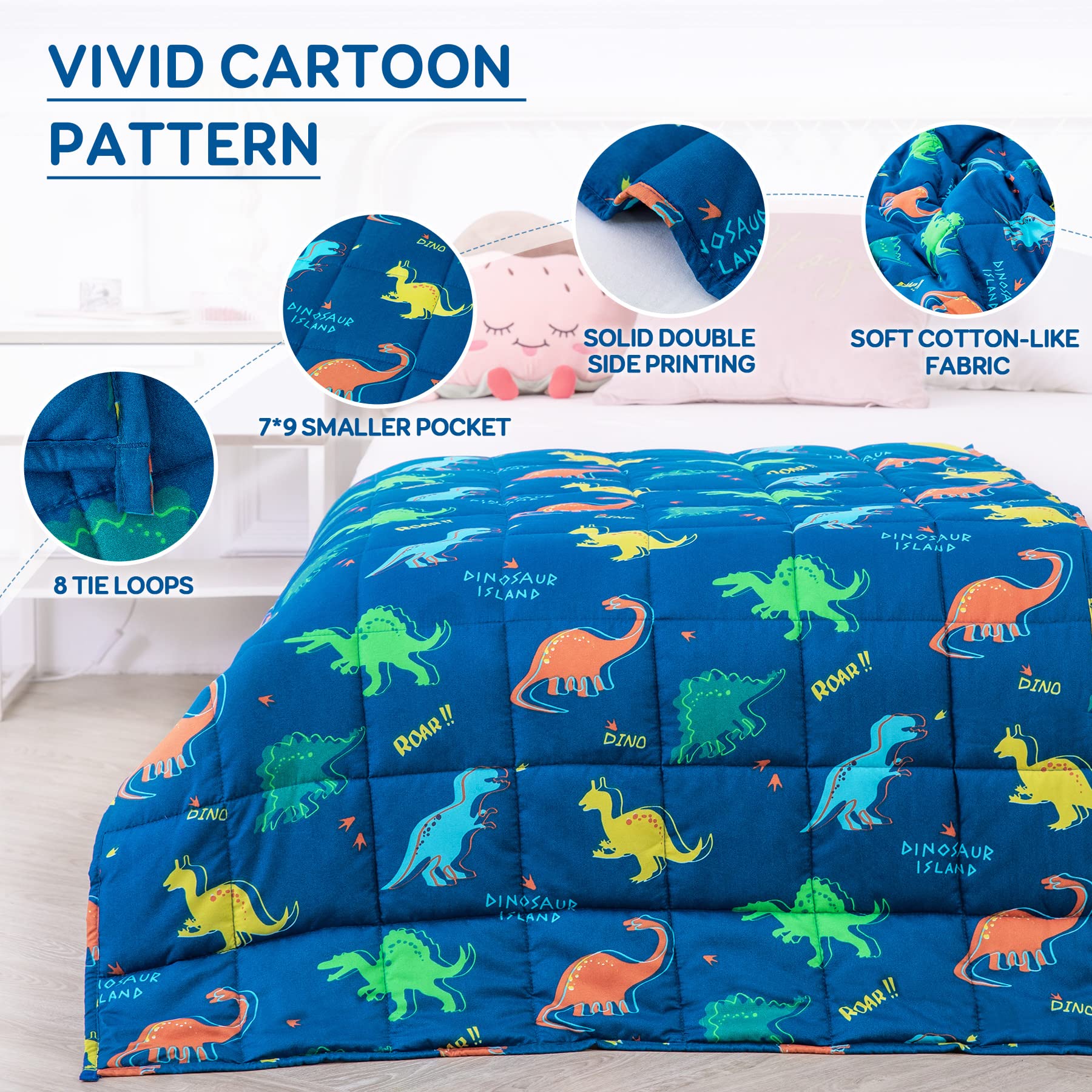 Kivik Weighted Blanket 3lbs, Blue Dinosaur Weighted Blankets, Cute Small Weighted Blankets 3 Pounds, Washable Soft Heavy Blanket Throw for All-Season, 36x48 Inches Blue