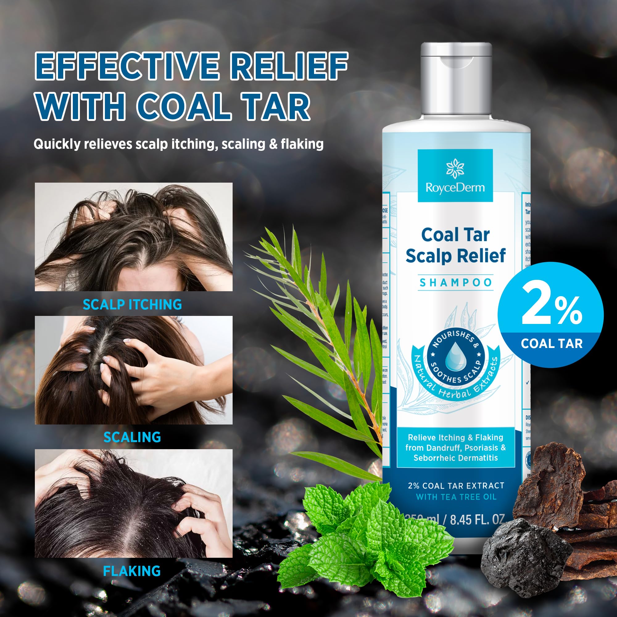 Roycederm Medicated Psoriasis Shampoo: 2% Coal Tar Extract Gel for Scalp Relief - Targets Folliculitis, Seborrheic Dermatitis with Hydrating & Natural Fragrance