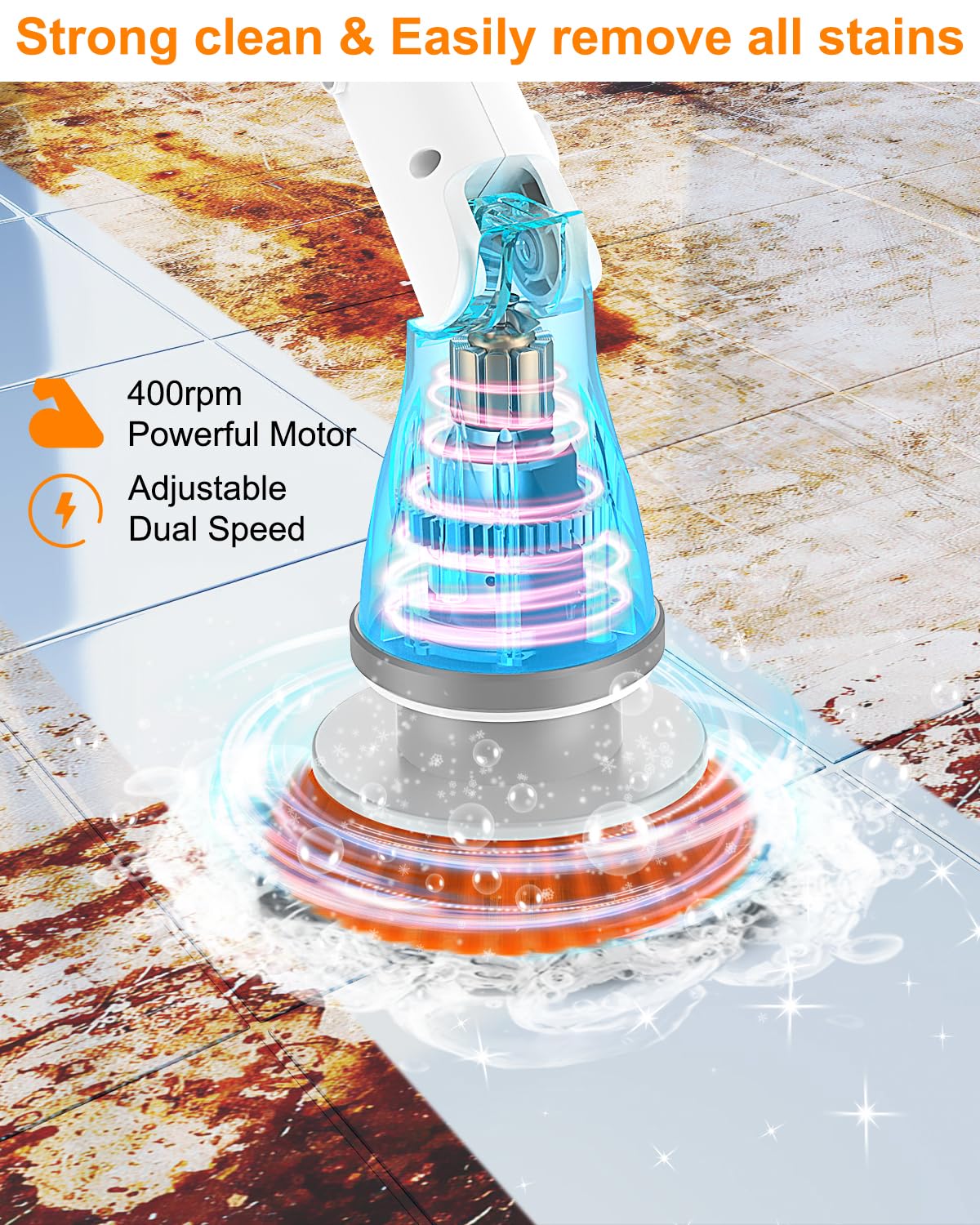Electric Spin Scrubber - Cordless Spin Scrubber for Cleaning, Power Scrubber for Bathroom with 6 Replaceable Brush Heads & Adjustable Extension Handle, Electric Cleaning Brush for Tub, Car, Floor