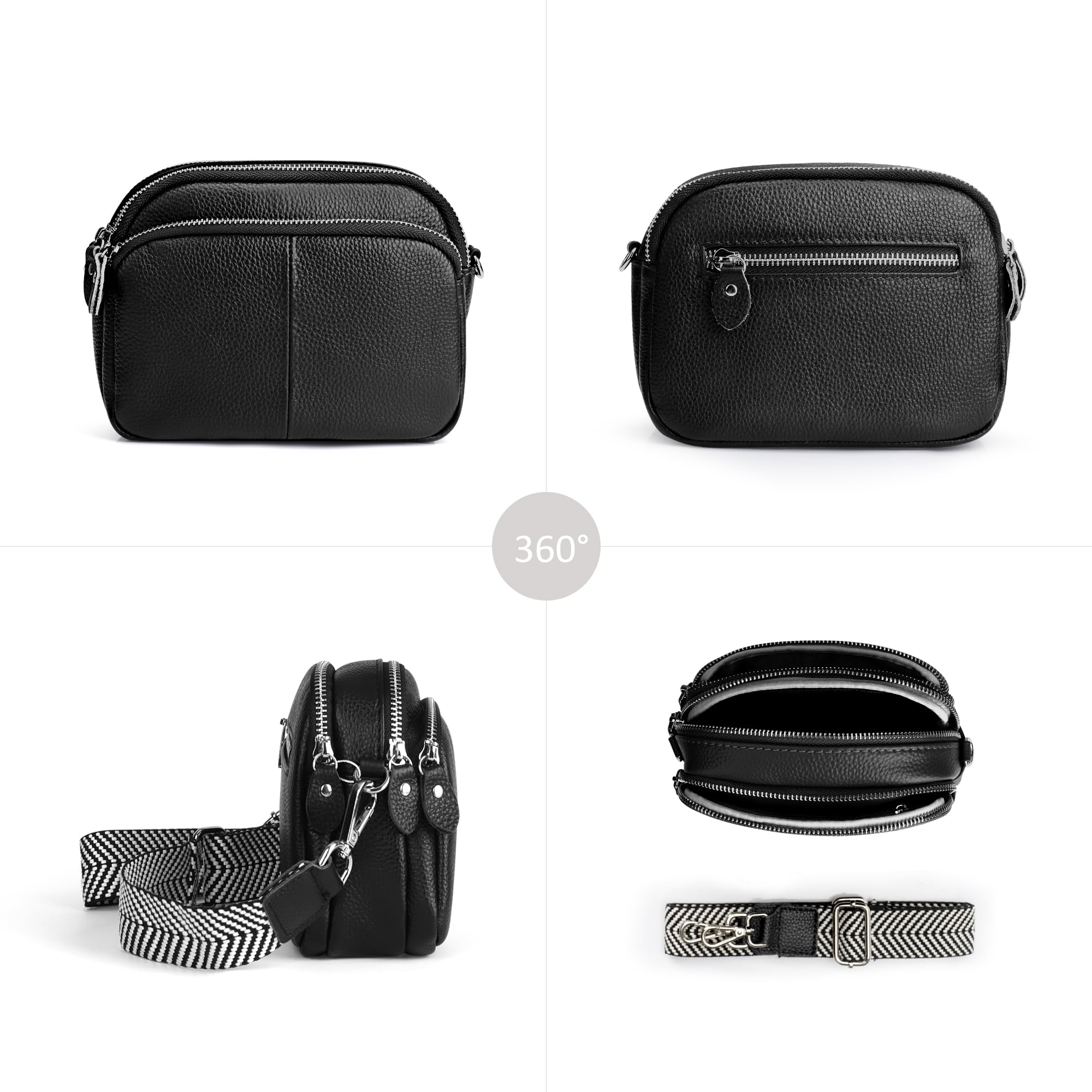 befen Black Small Genuine Leather Triple Zip Genuine Leather Camera Crossbody Bags for Women,Cell Phone Purse Shoulder Handbags with Credit Card Slots