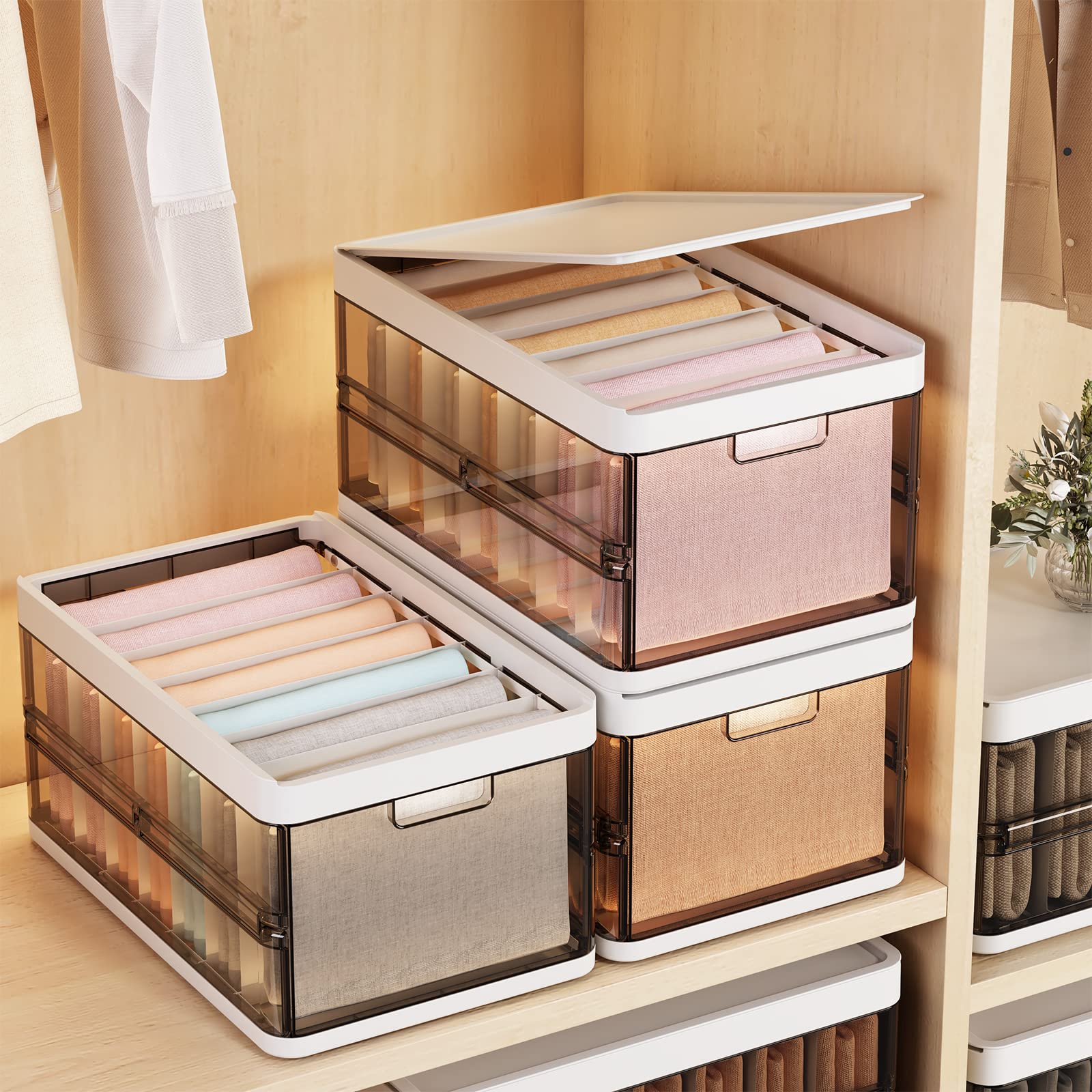 Closet Organizer, 3 Packs Clothes Organizer for Folded Clothes, Plastic Closet Organizers and Storage, Stackable Storage Bins with Lids, Drawer Organzier, T-shirts Jeans Pants Organzier for Closet