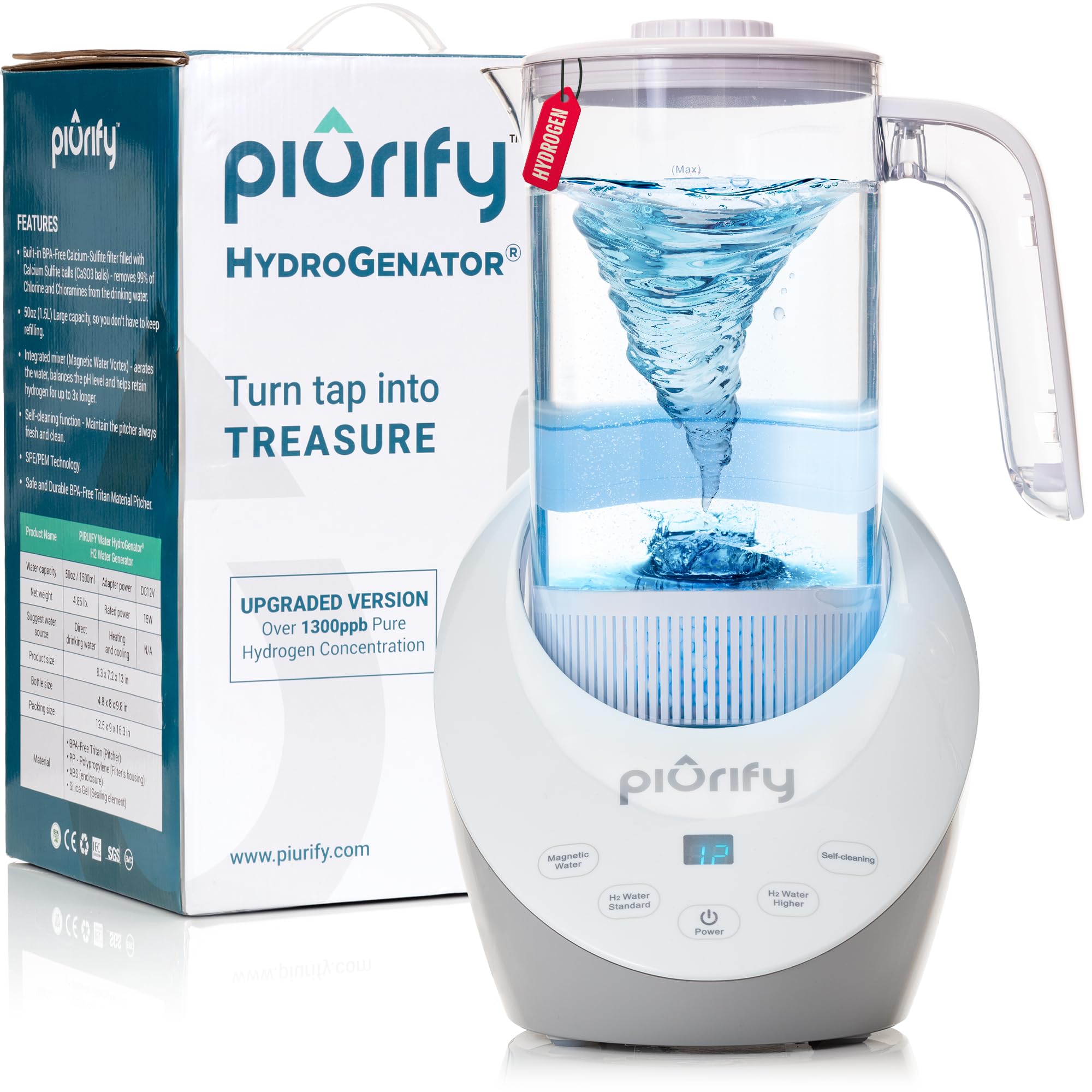 PIURIFY Hydrogen Water Pitcher - Rich Hydrogen Water Generator Electrolysis Jug BPA Free with SPE/PEM Technology. Hydrogen Water Machine, Balanced PH Levels and Filtered with Calcium Sulfite.