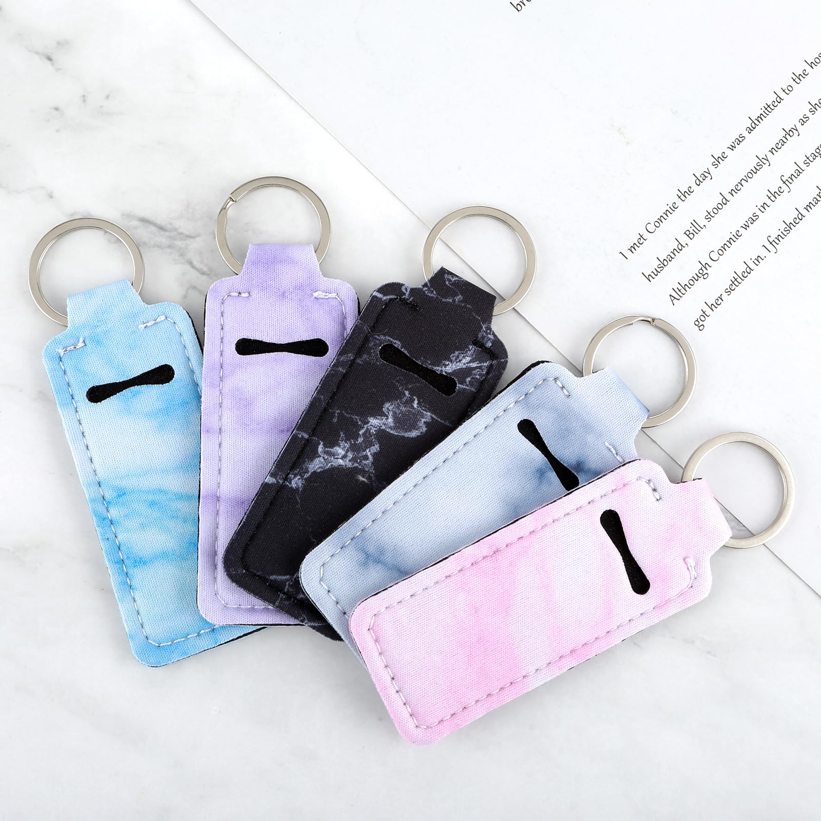 DIVINA VITAE 5 Pcs Chapstick Holder Keychain with 5 Pcs Metal Clip Cords,Neoprene Lip Balm Holder Keychain Cute Chapstick Keychain for Chapstick Tracker and Safeguard(5 Styles)