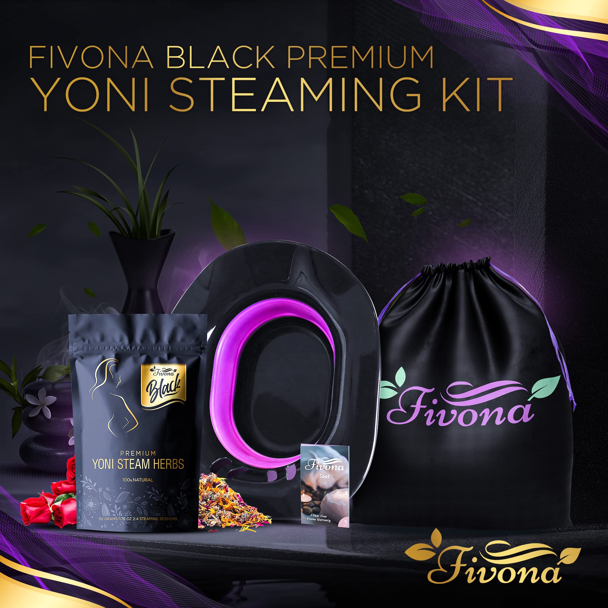 Fivona 3-in-1 Yoni Steam Kit Black - Foldable Over The Toilet Steamer Seat with Herbal Blend and Storage Bag - Effective Detox pH Balance Cleansing and Relaxation - at Home V-SPA