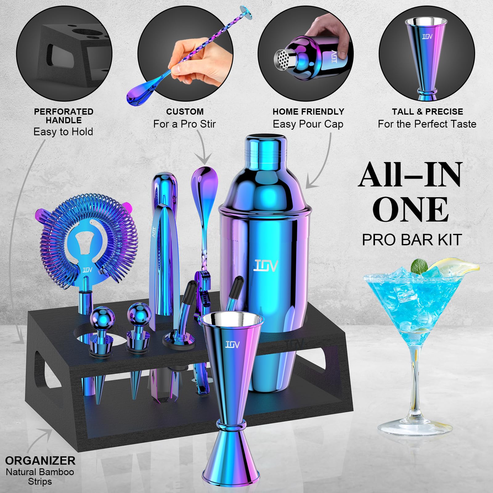 IOV Mixology Bartender Kit with Stand | 12-Piece Cocktail Shaker Set | 24oz Martini Shaker Set for Drink Mixing | Bar Set Includes All Bar Tools and Recipe Booklet | Fun Housewarming Gift (Rainbow)