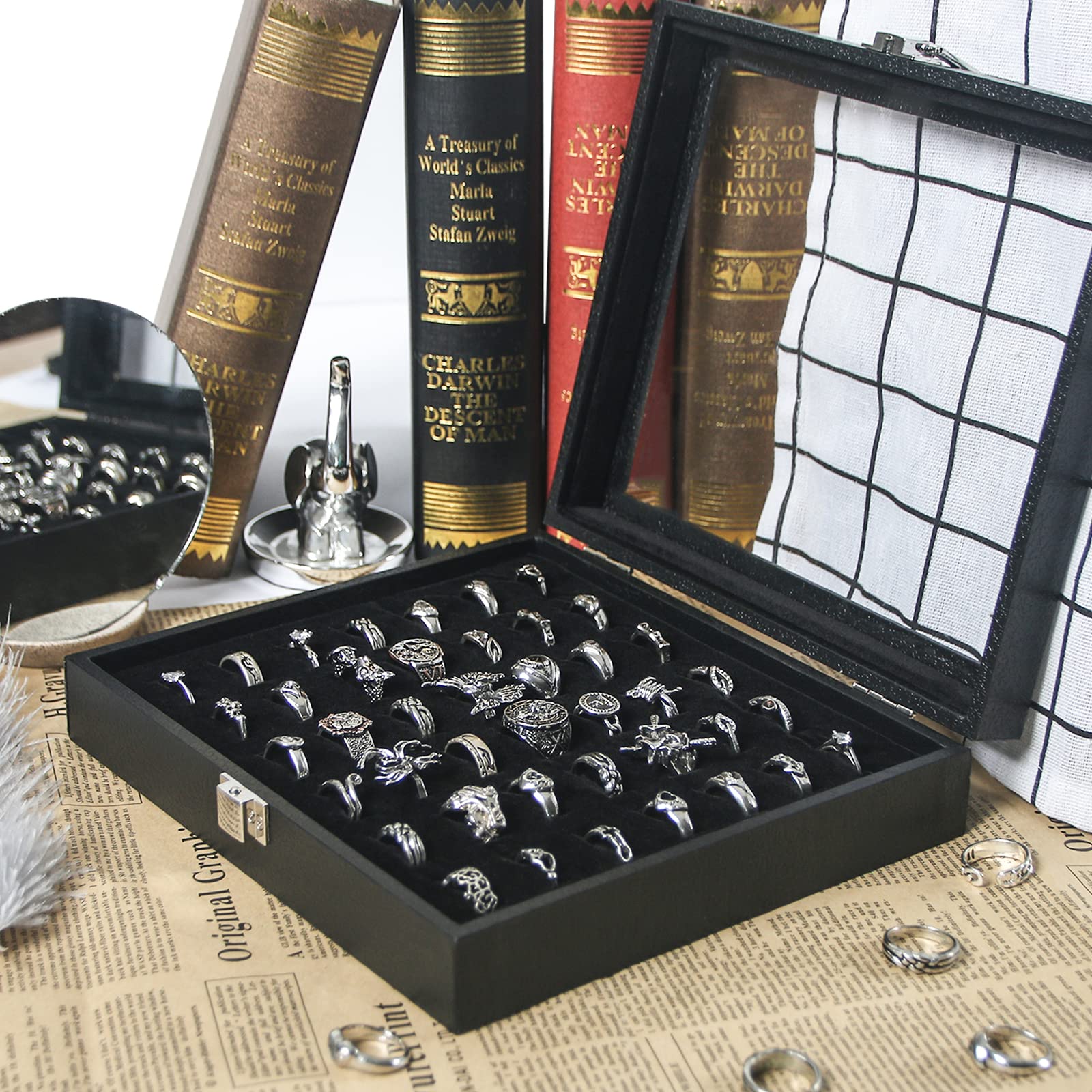 Pangkeep Ring Organizer Display Case,Black Jewelry Storage Tray Boxes for Multiple Rings,Glass Lid,Stackable. (42 Slots)