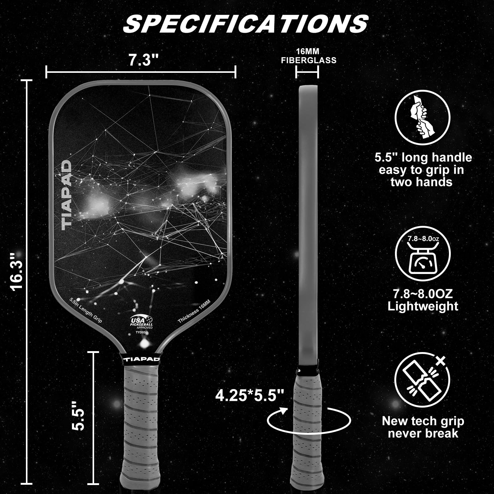 TIAPAD Pickleball Paddles Set of 2/4, USAPA Approved, Foam Molding 5.5" Long Handle, Lightweight, Fiberglass 16mm, Textured Surface, Elongated Pickle Ball Rackets 2 Pack for Beginner