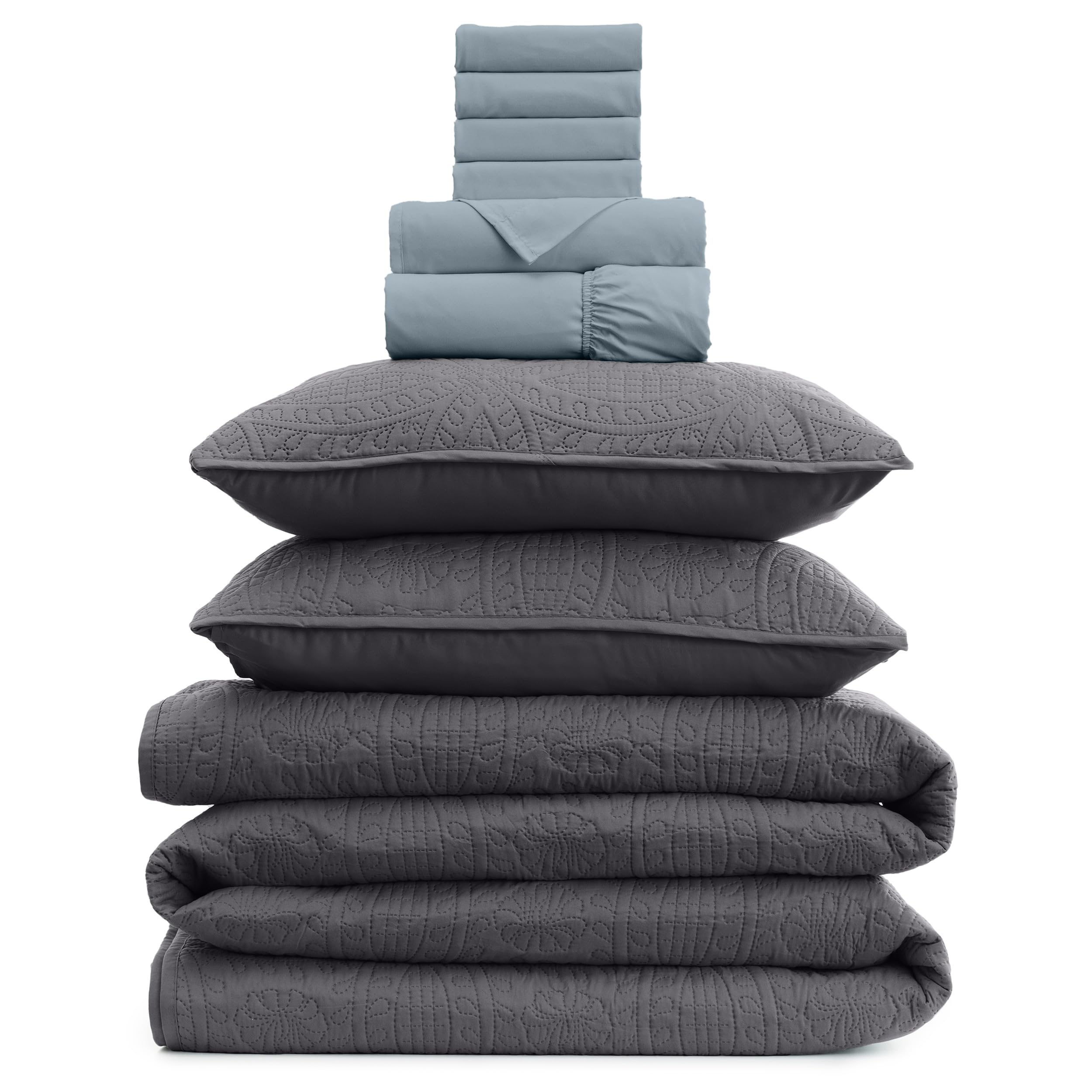 Mellanni Bedspread Coverlet Set + 6PC Sheets Set Bundle&Save - Iconic Collection Bedding - Bundle Includes: 3 Piece Oversized Quilt Set and 6 Piece Bed Sheet Set (King, Gray/Spa Blue)