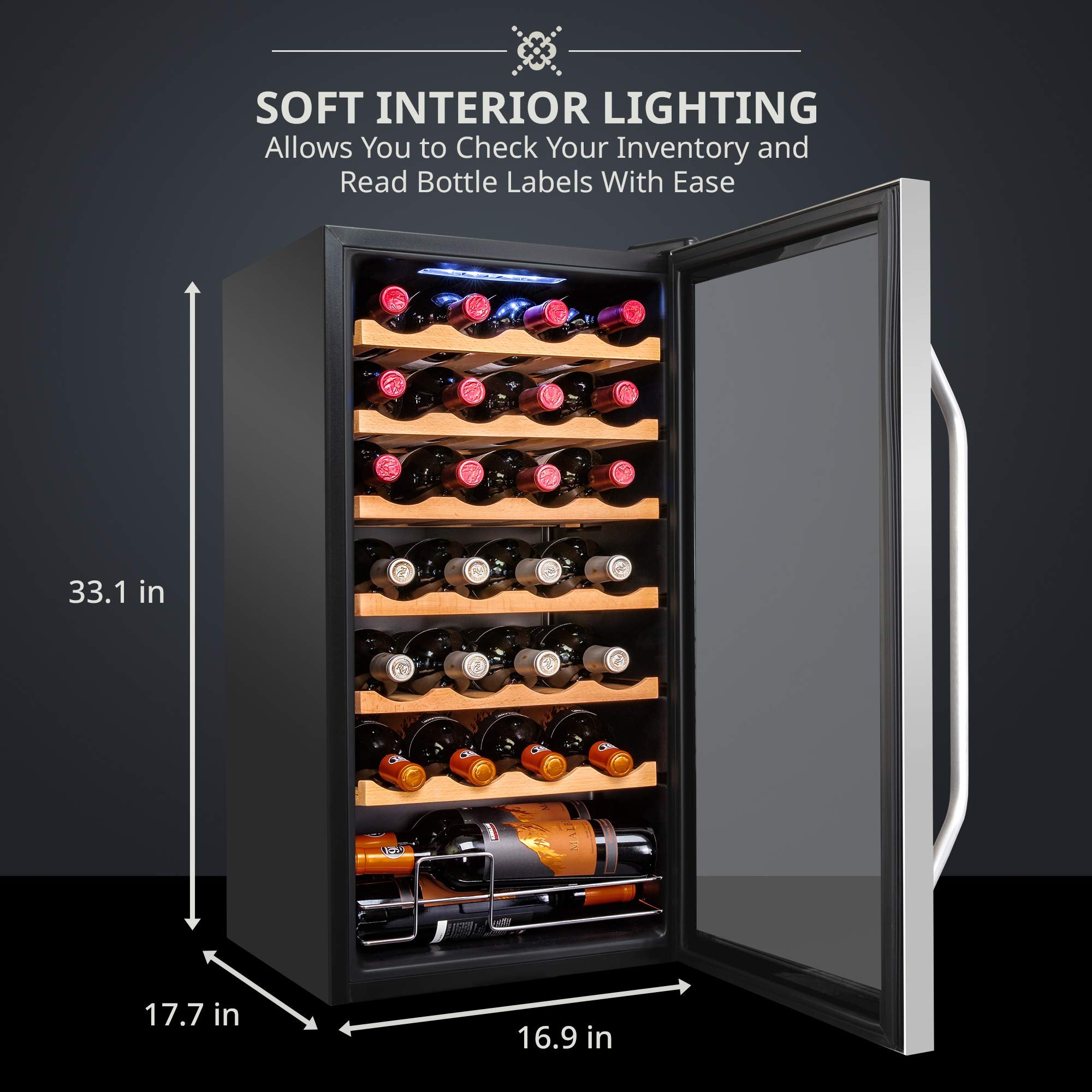Ivation 28 Bottle Compressor Wine Cooler Refrigerator w/Lock | Large Freestanding Wine Cellar For Red, White, Champagne or Sparkling Wine | 41f-64f Digital Temperature Control Fridge Stainless Steel