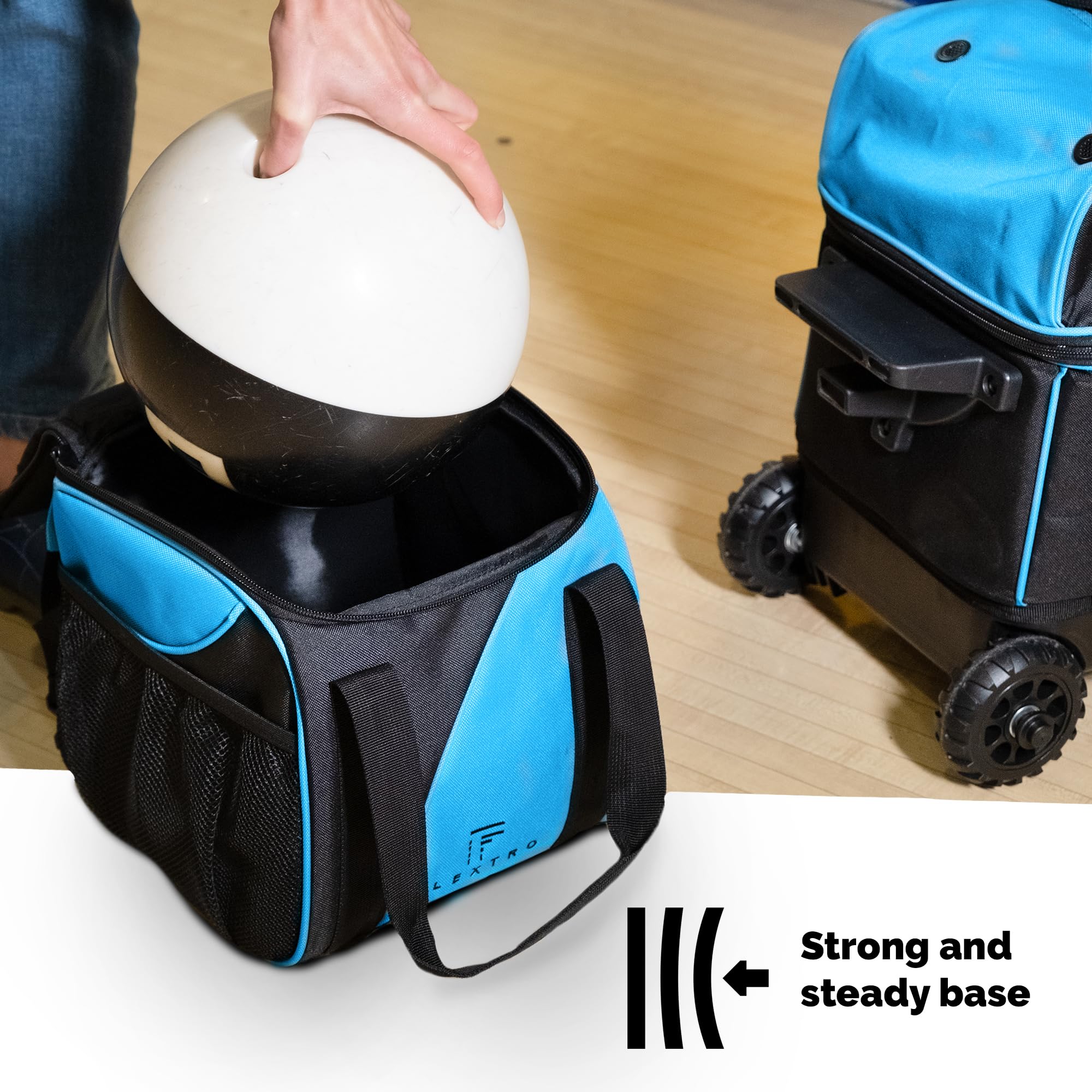 Flextro 2 Ball Bowling Bag with Wheels PLUS Single Ball Bowling Bag; 2 Ball Double Roller Trolley with Compartments for Bowling Equipment and Shoes (Black & Blue)