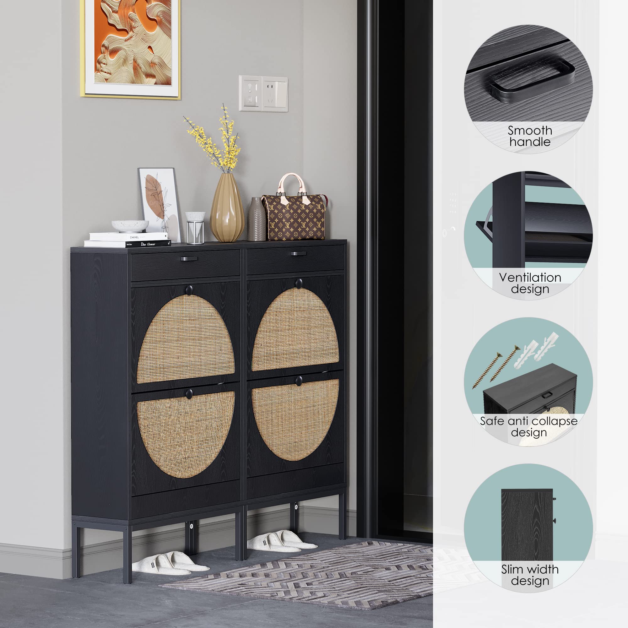 Yechen Shoe Rack Storage Organizer with 2 Natural Semi-Circular Rattan Doors, Entryway Wooden Shoe Cabinet for Sneakers, Leather Shoes, High Heels, Slippers (Black)
