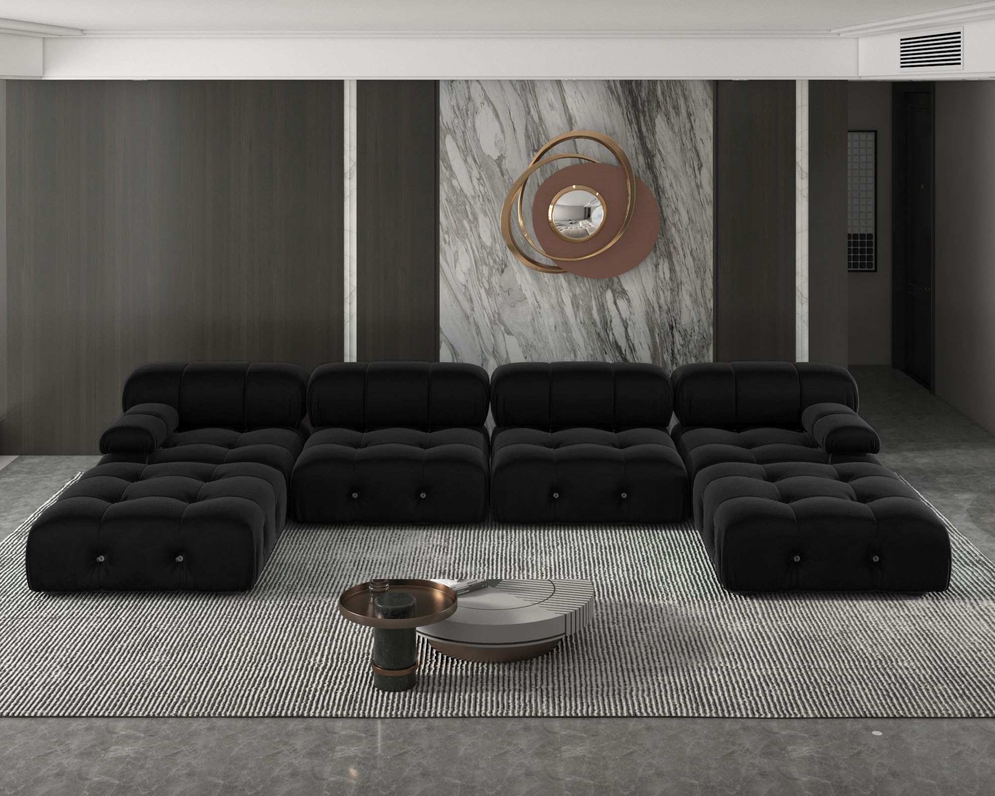 JACH 138" Black Sectional Couches, U-Shaped Minimalist Velvet Sofas, Convertible Modular Sofa, Luxury Modern 6-Seats Couch Sectional with Chaise Ottomans for Living Room Bedroom Office Apartment
