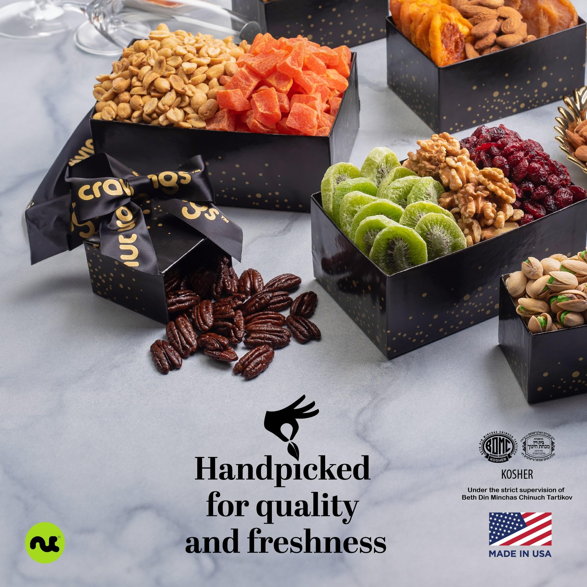 NUT CRAVINGS Gourmet Collection Holiday Christmas Dried Fruit & Mixed Nuts Gift Basket Black Tower + Ribbon (12 Assortments) Xmas Kwanzaa Arrangement Platter Bday Care Package Healthy Kosher Corporate
