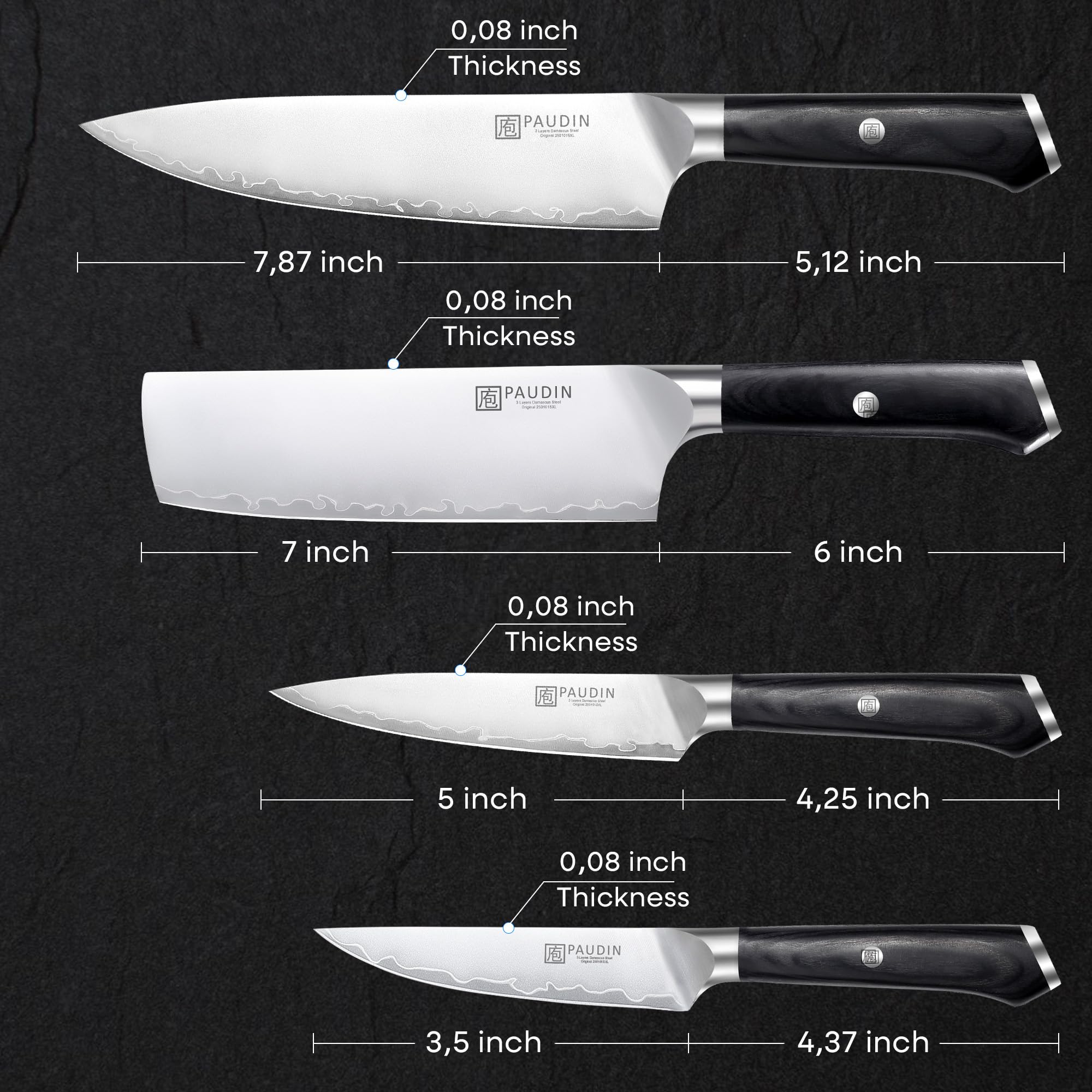 PAUDIN Kitchen Knife Set, 4 Pieces Chef Knife Set, High Carbon Stainless Steel Knife Set, Ultra-Sharp Knives Set for Kitchen with Ergonomic Wooden Handle, Gifts for Men and Women