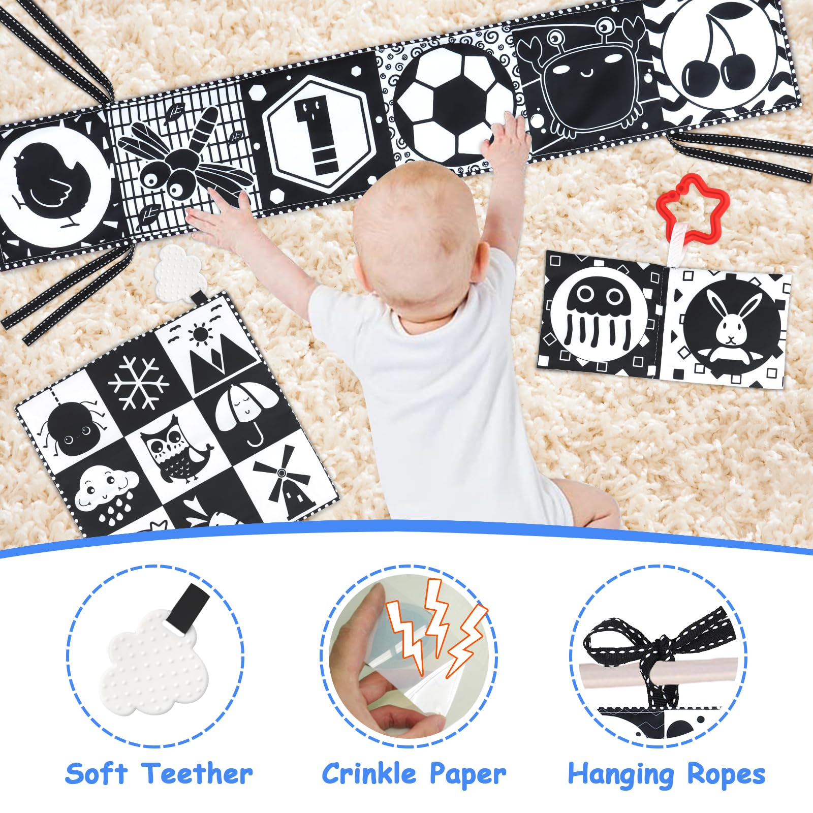 KUANGO Newborn Toys Black and White Baby Toys 0-3 Months High Contrast Baby Toys for Newborn - High Contrast Baby Soft Book Infant Tummy Time Toys Crinkle Sensory Toys for Brain Development