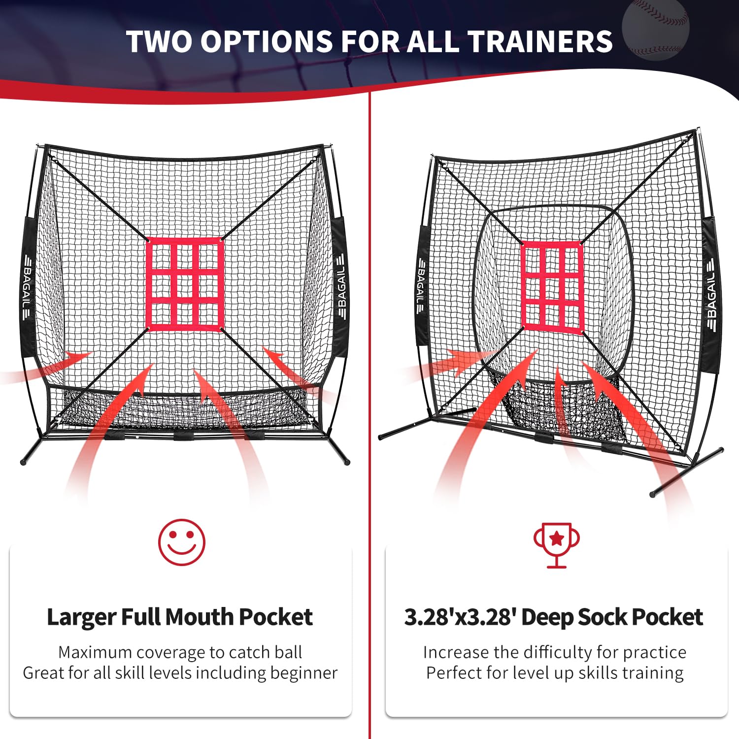 BAGAIL 7x7 ft Baseball & Softball Practice Net with Bow Frame for Batting, Hitting, Pitching, Portable Baseball Throwing Net with 2 Strike Zone Batting Tee, Carry Bag, Great for All Levels