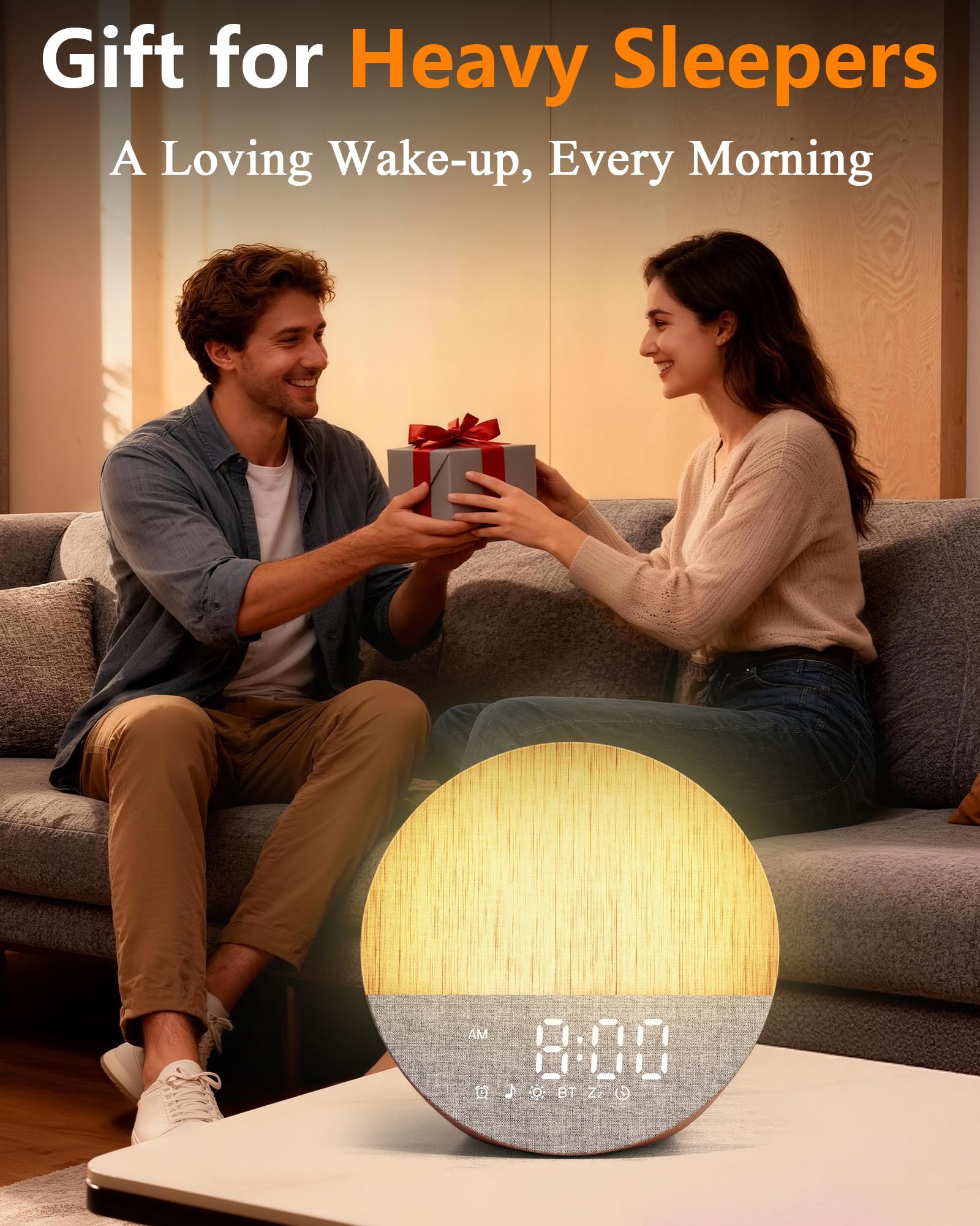 Sunrise Alarm Clock with Sound Machine: Gentle Gradual Wake Up Light for Heavy Sleepers Relieve Anxiety Dimmable Clock with Bluetooth Memory for Bedroom - White Noise Machine with 30 Sleep Sounds