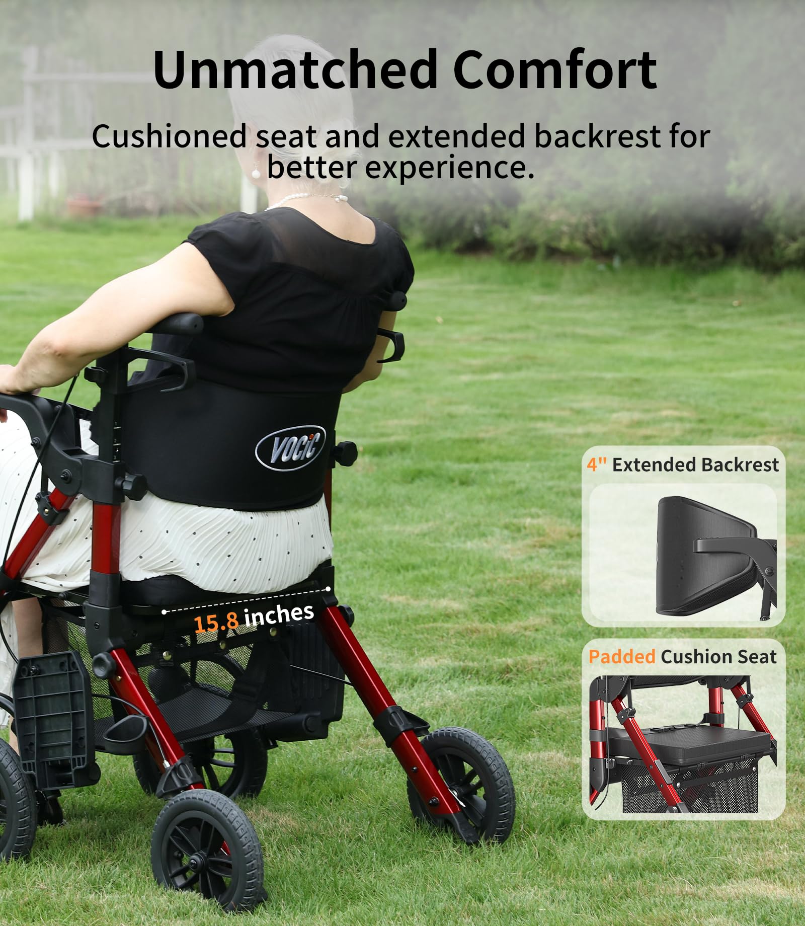 VOCIC Walkers for Seniors, Wheelchairs for Adults, Rollator Walker with Seat, 2 in 1 Rollator Transport Chair with Brakes, Rollator Lightweight Foldable, Walker Wheelchair Combo