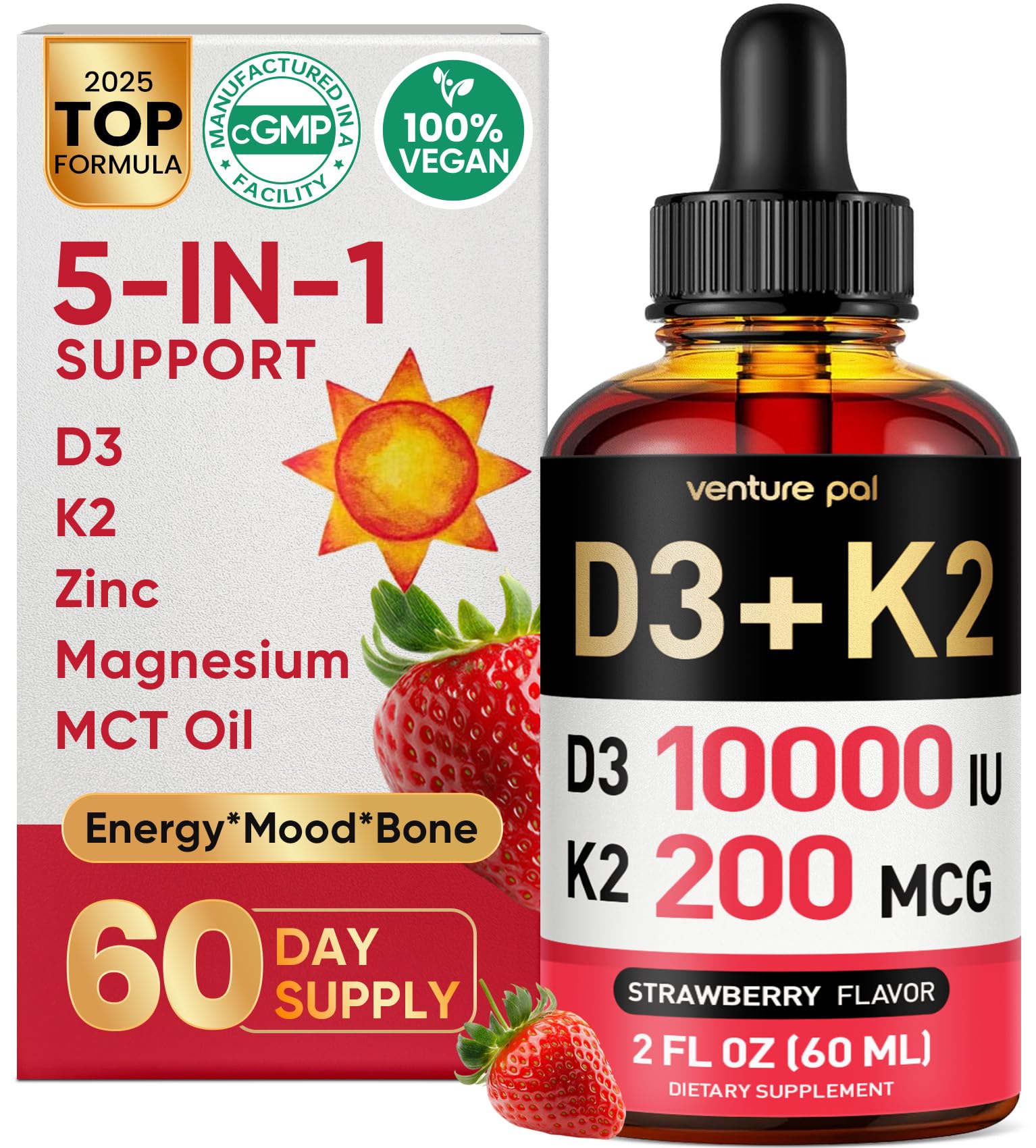 Venture Pal 5-in-1 Vitamin D3 10000 IU & K2 as MK-7 200mcg with Magnesium, MCT Oil, Zinc, Sugar-Free Vitamin D Liquid |Maximum Absorption for Bone, Mood & Immune Health - 2 FL OZ, 60 Days
