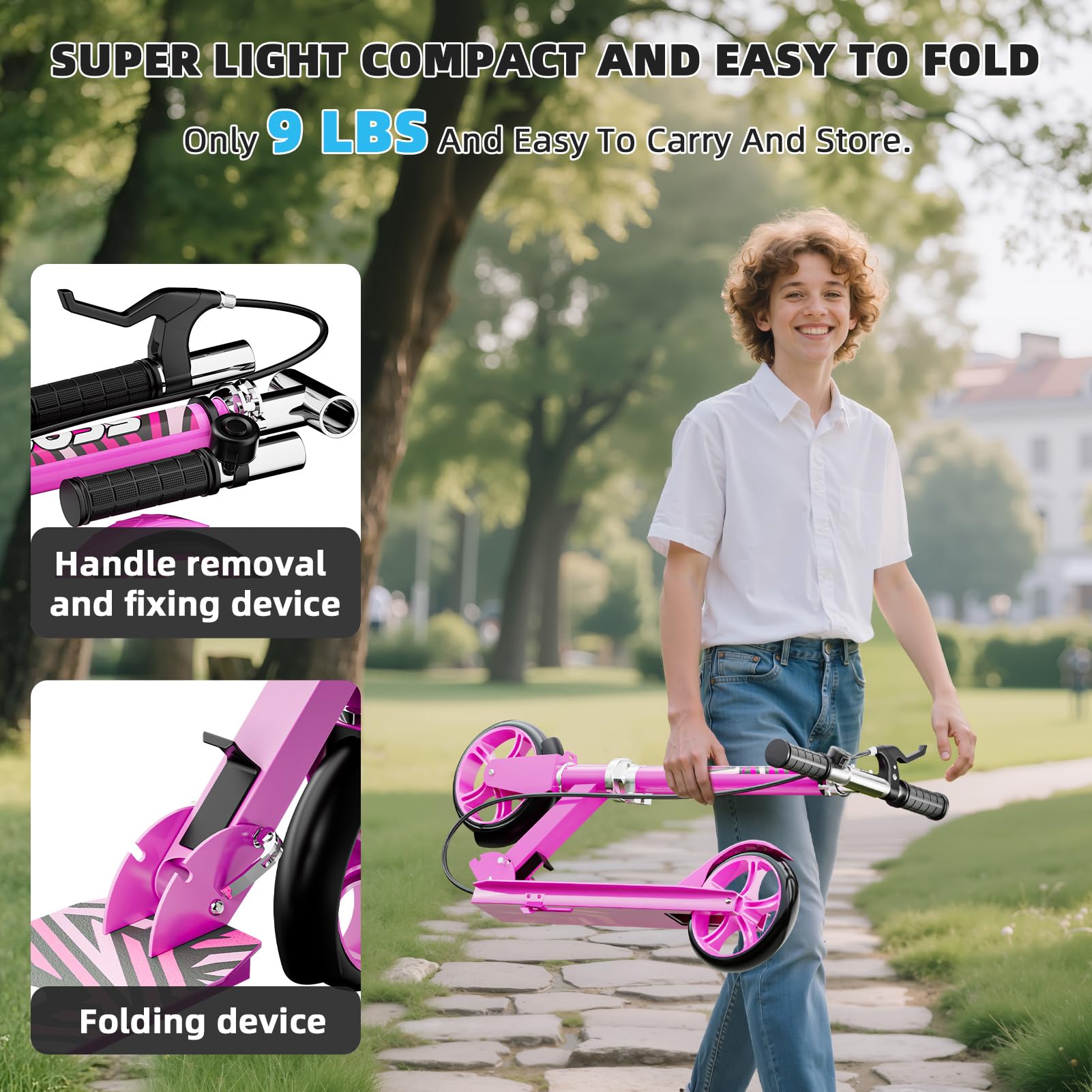 Scooters for Kids 8-12, Teens & Adults - Lightweight, Foldable, 8-Inch Big Wheels, Hand Brake & Bell, 4 Adjustable Height Levels, 240 lbs Max Load, Perfect for School, Campus and Park Rides, Pink
