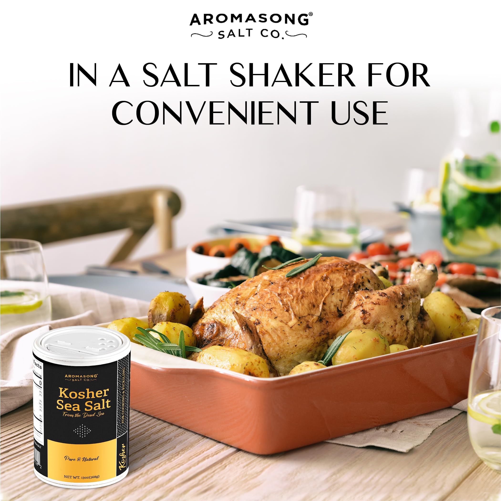 Aromasong 100% Natural Sea Salt, Kosher Salt Grain, 13 OZ. Salt Shaker, All Natural, Unrefined, Gluten Free, Sea Salt for Daily Cooking or To Use as Pickling Salt