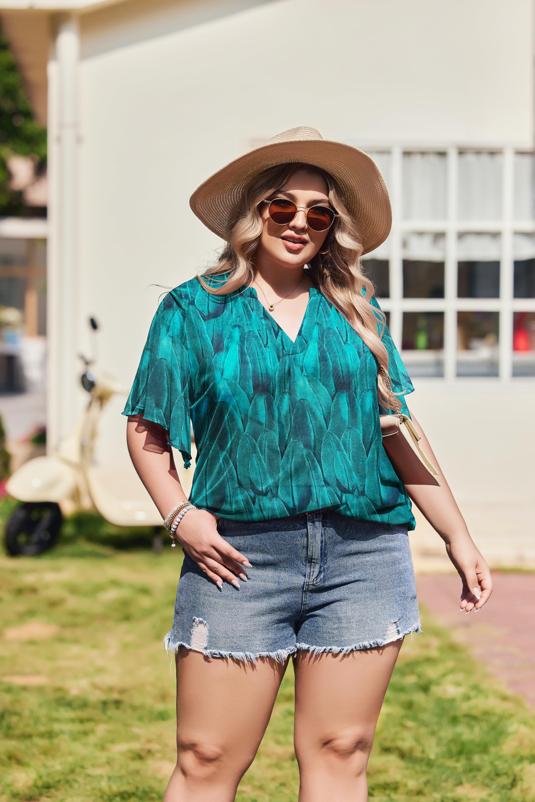 IN'VOLAND Plus Size Short Sleeve Tops for Women Ruffle V Neck Mesh Blouses Flowy Shirt Floral Double Layers Tunics Green 20W