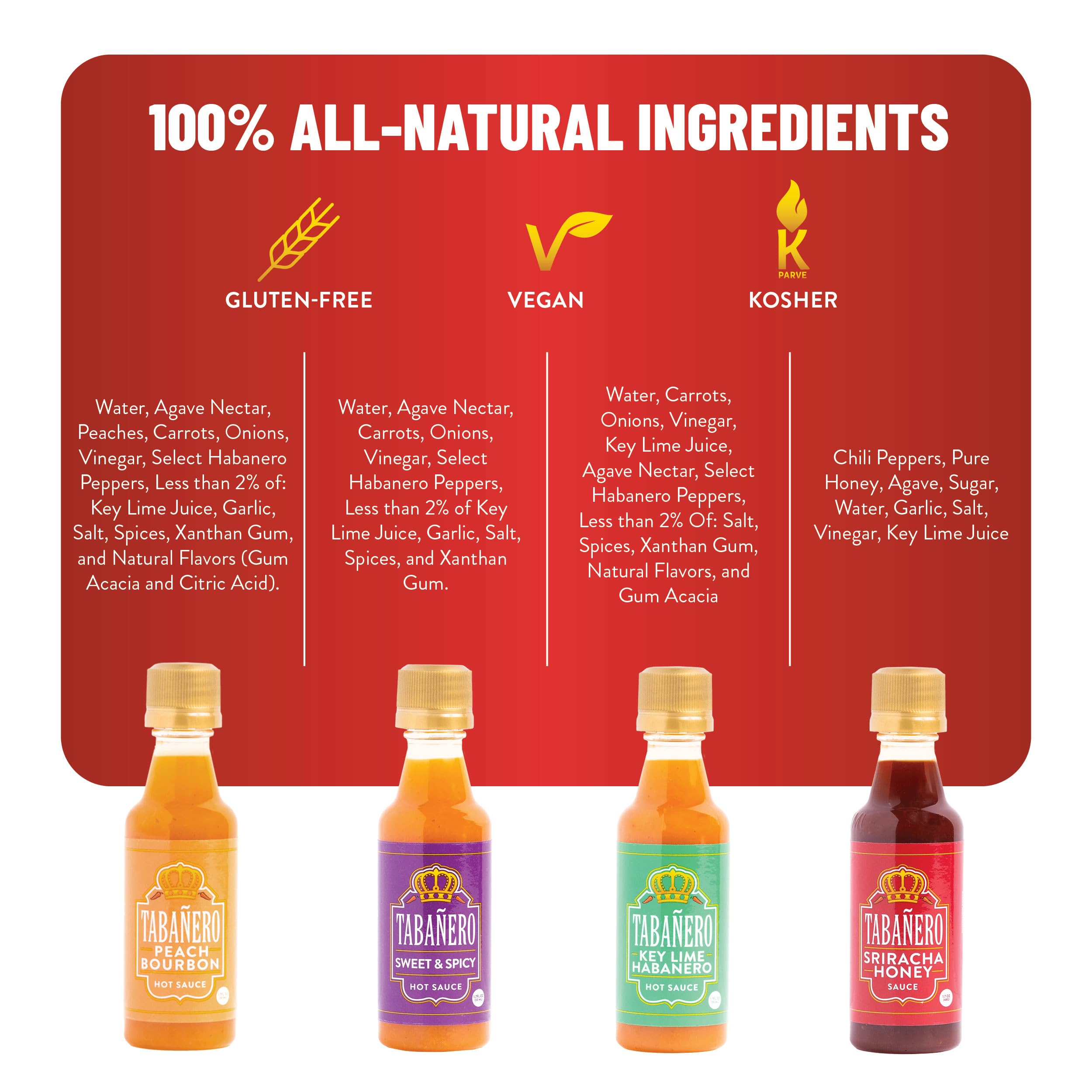 Tabañero Variety Hot Sauce Gift Set, 4 Pack, Kit Includes Peach Bourbon, Sriracha Honey, Key Lime Habanero, Sweet & Spicy, 1.7 oz Mini Glass Bottles, All Natural, Gluten Free, Low Sodium, Kosher, Made in the USA, Easter Gifts for Men