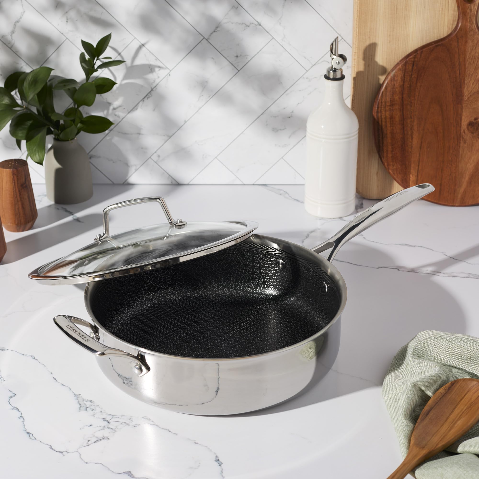 HENCKELS Paradigm 4-qt Saute Pan with Lid, Stainless Steel Nonstick Deep Saute Pan with Helper Handle, 3-Ply Clad Base for Induction Cooktop, Oven & Dishwasher Safe