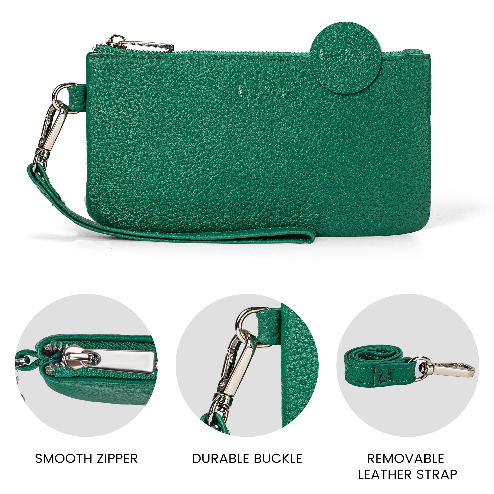befen Genuine Leather Coin Purse for Women, Small Black Change Purse Womens Small Zipper Wristlet Wallet, Wristlet Money Bag Mini Coin Pouch with Removable Wrist Strap, Green