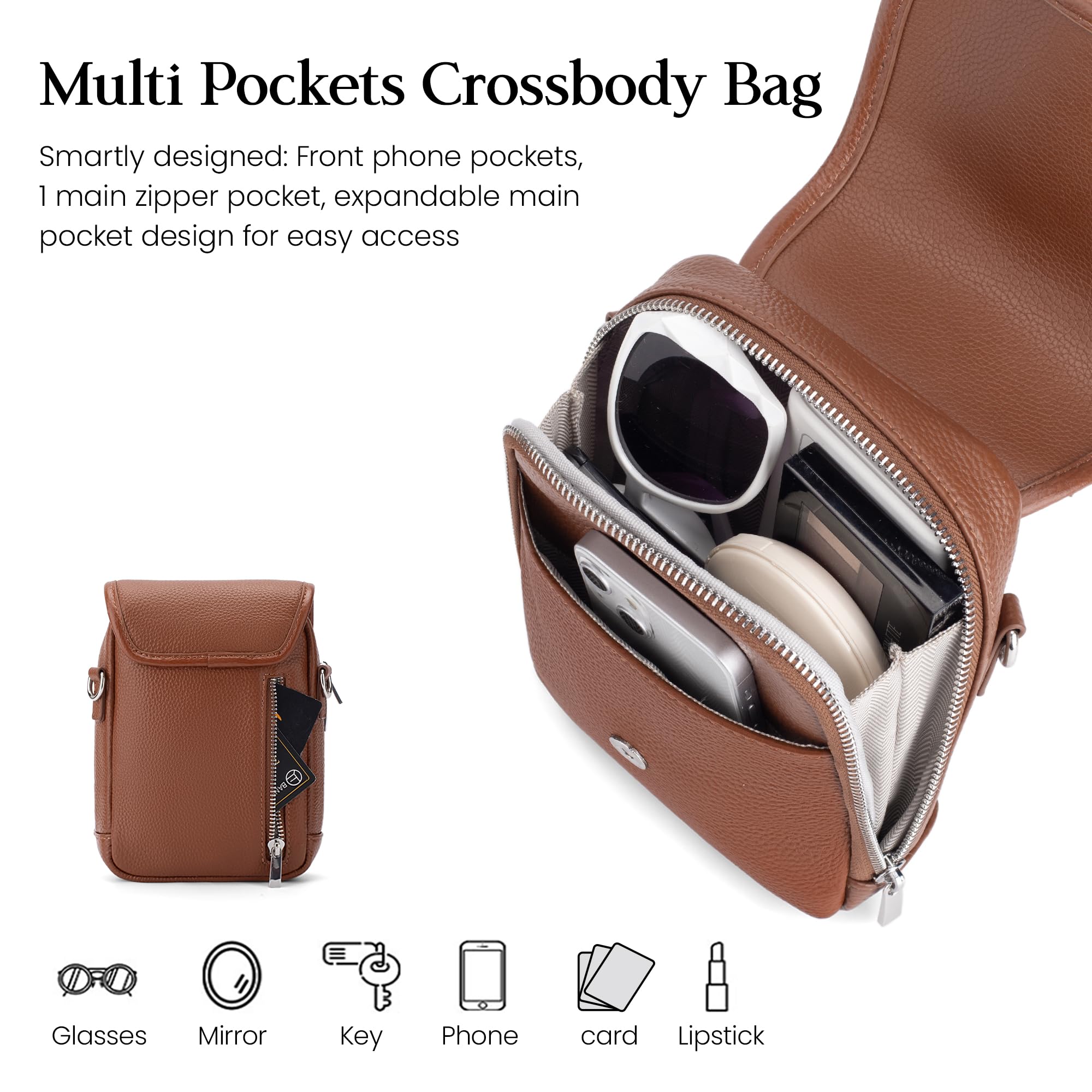 befen Soft Real Leather Small Crossbody Bags for Women, Woman Anti-Theft Phone Purse Shoulder Bag Handbags with RFID Card Slots Cognac Brown