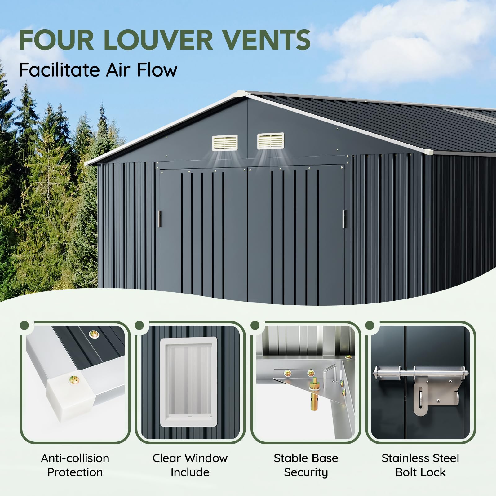 Grovellis 10x12 FT Outdoor Metal Storage Shed, Double Swing Doors, 2 Clear Windows, Replaceable Skylight Roof Panel, Tool Shed for Garden, Patio, Backyard