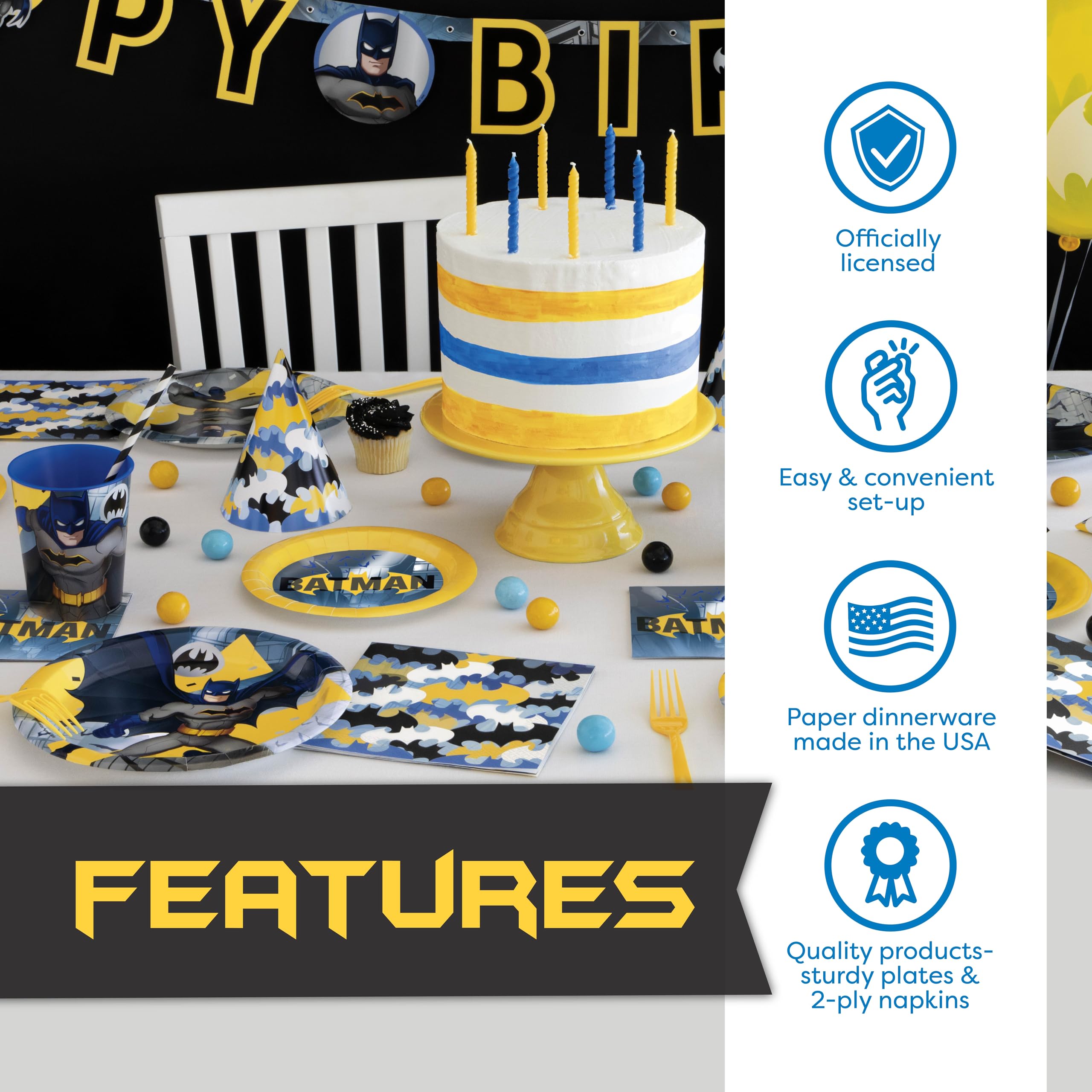Unique Batman Birthday Party Supplies | Batman Party Decorations | With Banner, Table Cover, Masks, Plates, Napkins, Button | For 16 Guests