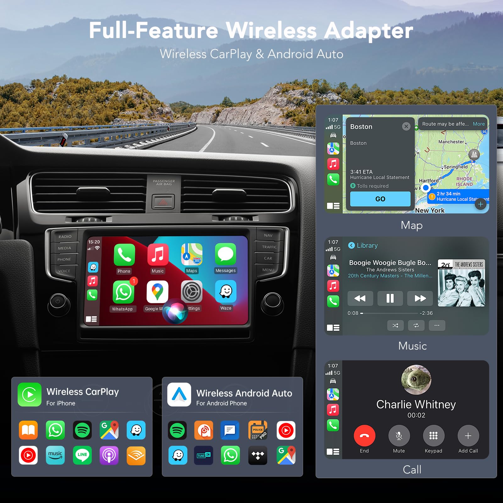2025 Wireless CarPlay Adapter for iPhone & Android + Windshield Sun Shade (UPF 50+, Blocks UV & Heat, Foldable, Easy Setup)