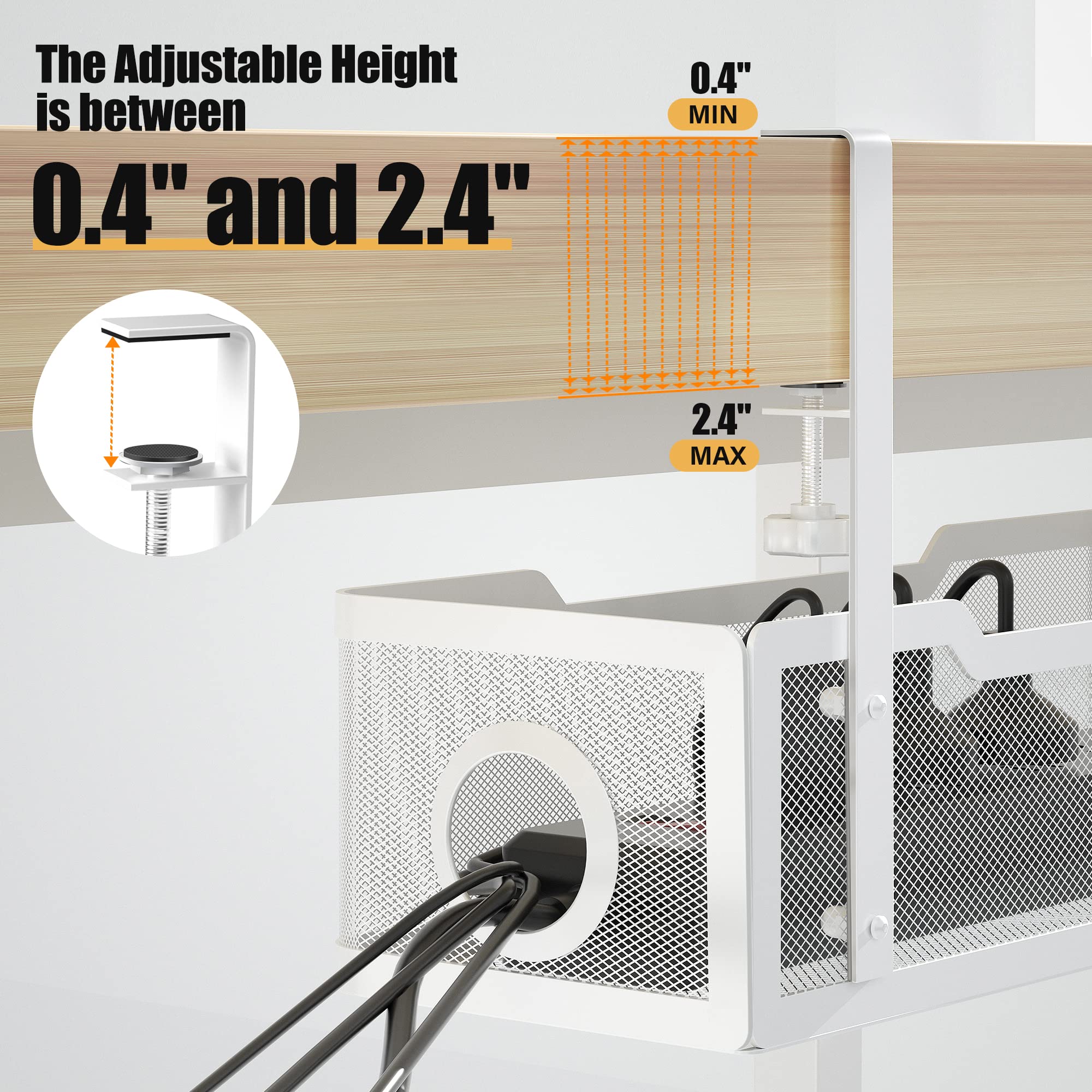 Under Desk Cable Management Tray White, Cinati Cable Management Under Desk No Drill, Cable Tray with Clamp for Desk Wire Management,Desk Cable Management Box for Office, Home - No Damage to Desk