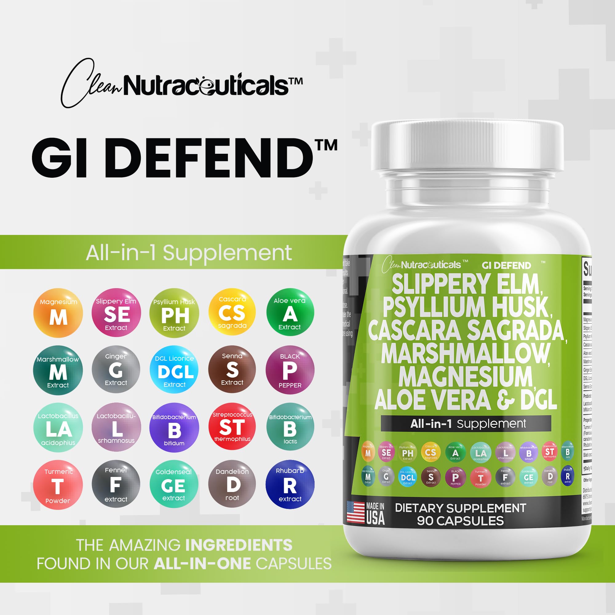 Clean Nutraceuticals Slippery Elm 5000mg Psyllium Husk 2000mg Pre Probiotic Digestive Gut Health Supplement with Aloe Vera Cascara Sagrada 2000mg Marshmallow Root DGL Licorice Senna Extract