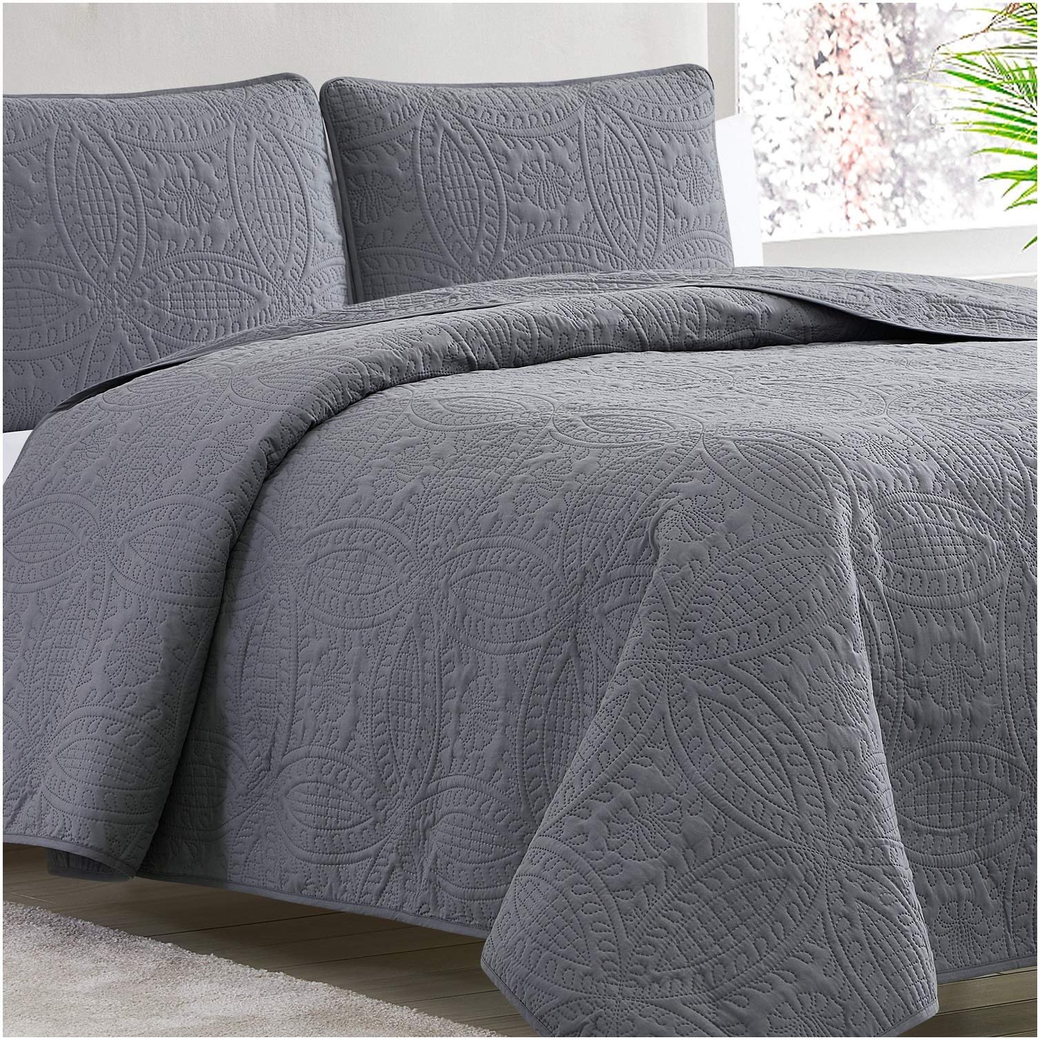 Mellanni Bedspread Coverlet Set Charcoal - Comforter Bedding Cover - Oversized 3-Piece Quilt Set (King/Cal King, Gray, 4-Pack)