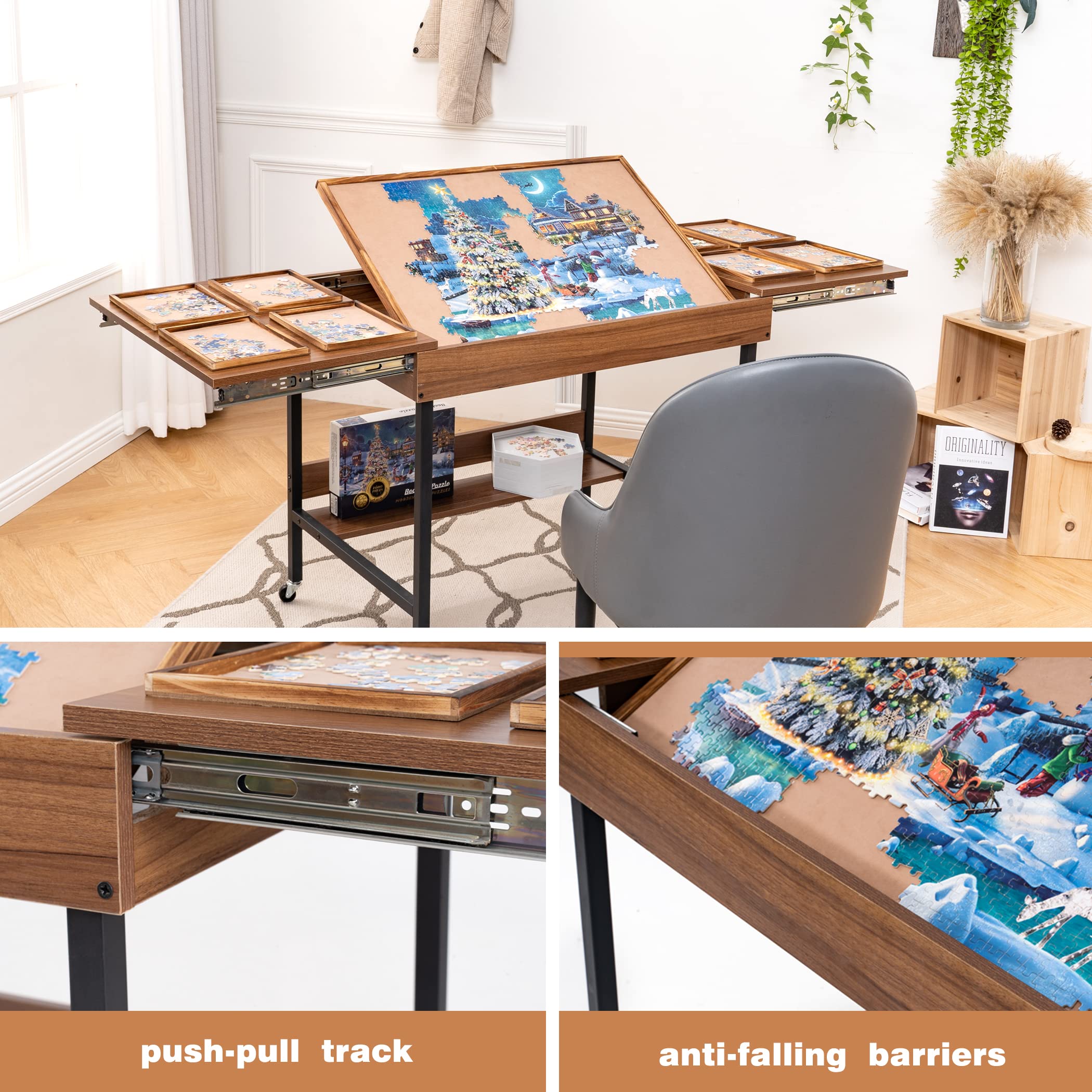 Becko US Foldaway Adjustable Puzzle Table With 8 Sorting Trays, Tilting Puzzle Board with Drawers, Universal Casters for Moves, Under Table Rack for Storage, 30*20.1 in for Puzzles Up to 1000 Pieces