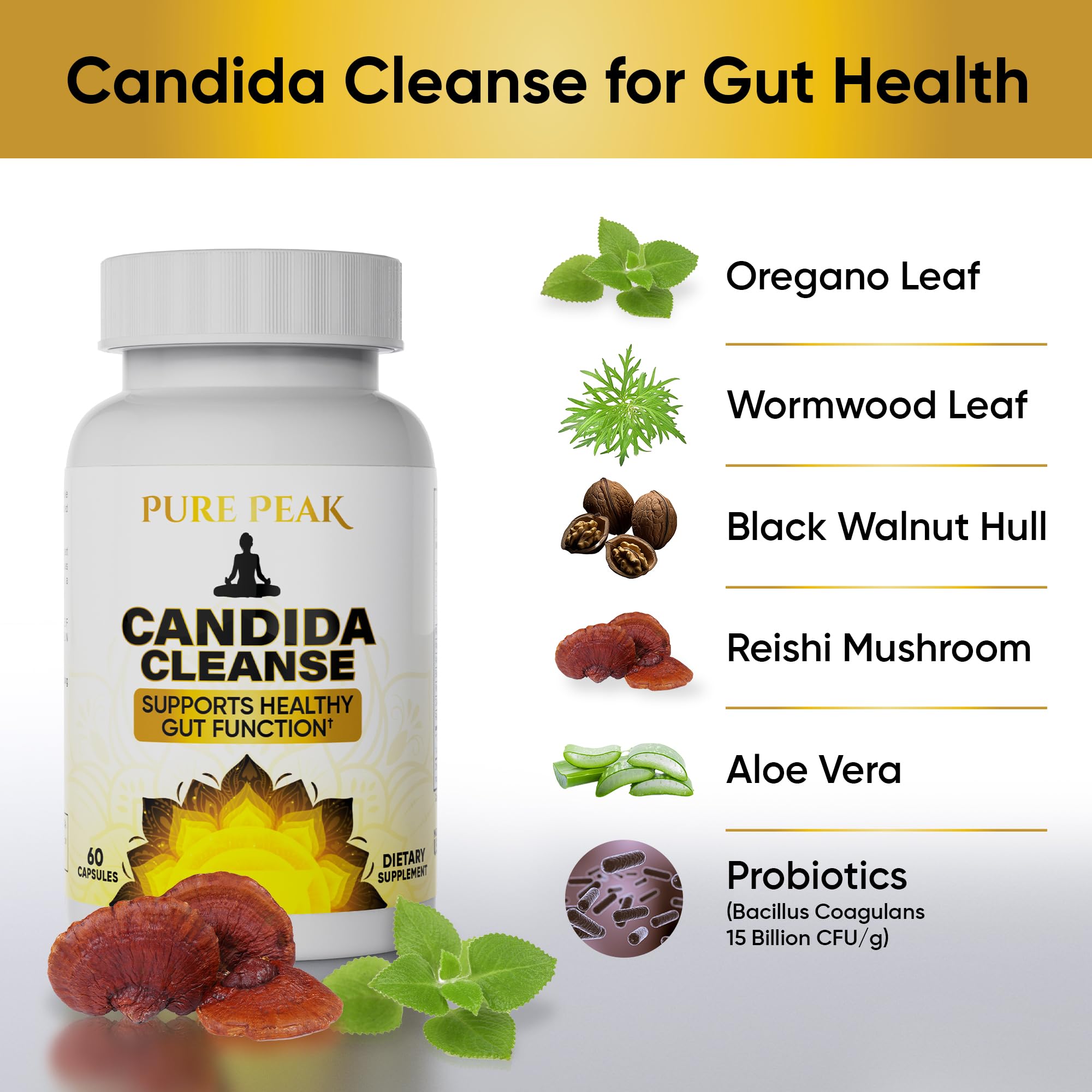 Pure Peak Candida Cleanse - Gut & Colon Support (60 Capsules) - for Men & Women - Natural Herbs for Intestinal Detox - Oregano Leaf, Wormwood, Black Walnut, Caprylic Acid