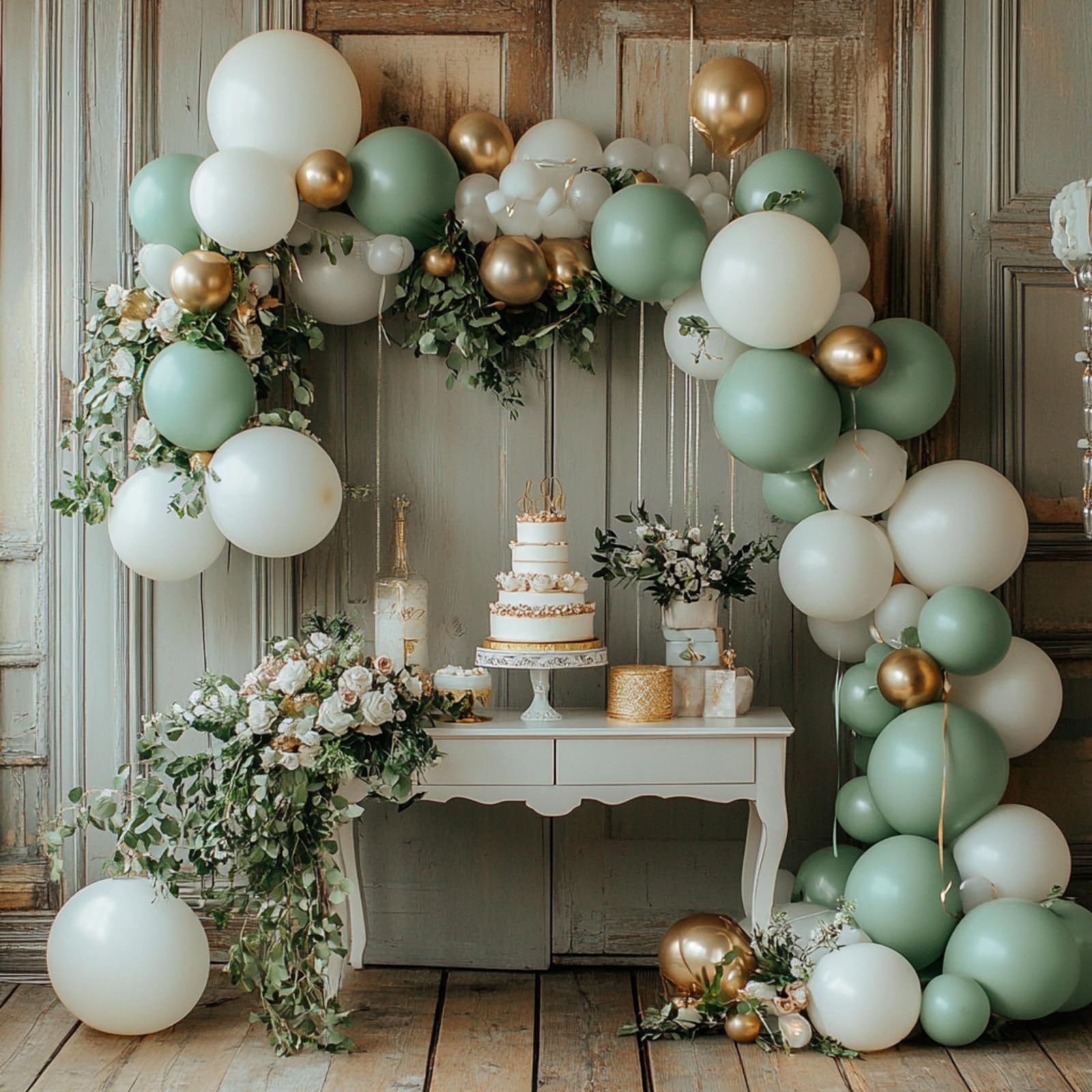 PartyWoo Sage Green Balloon Arch Kit Garland 154 pcs Different Sizes of 18 12 10 5 Inch Sage Oliver Green White Metallic Gold Confetti Balloons for Baby Shower Graduation Birthday Party Decorations
