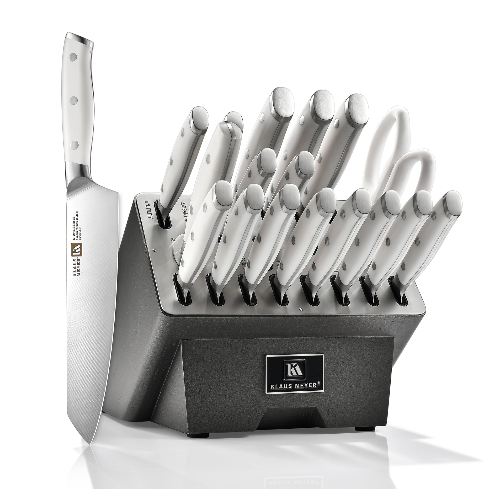 Klaus Meyer 19-Piece Knife Block Set, High Carbon German Stainless Steel (Stahl), Full-Tang Handles with Sharpener, White