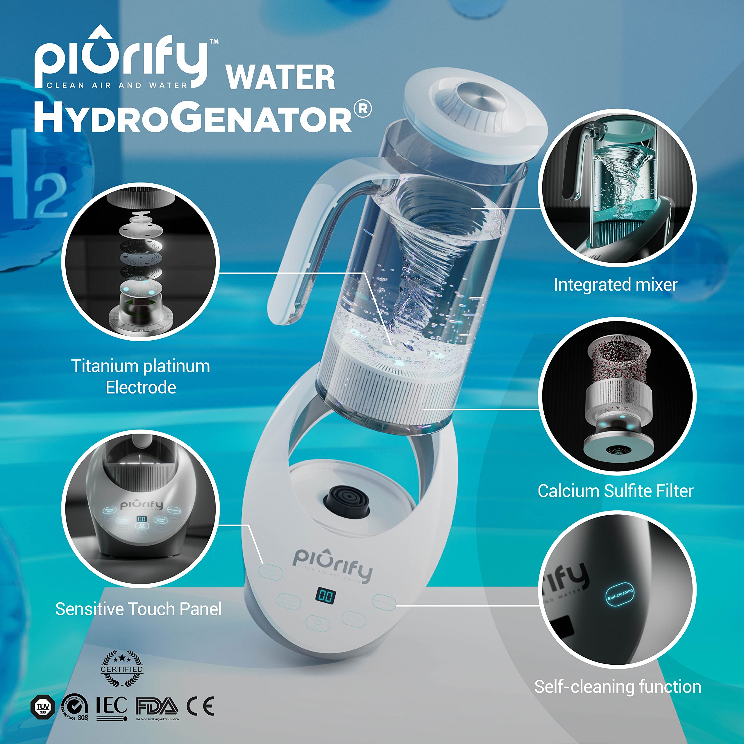 PIURIFY Hydrogen Water Pitcher - Rich Hydrogen Water Generator Electrolysis Jug BPA Free with SPE/PEM Technology. Hydrogen Water Machine, Balanced PH Levels and Filtered with Calcium Sulfite.