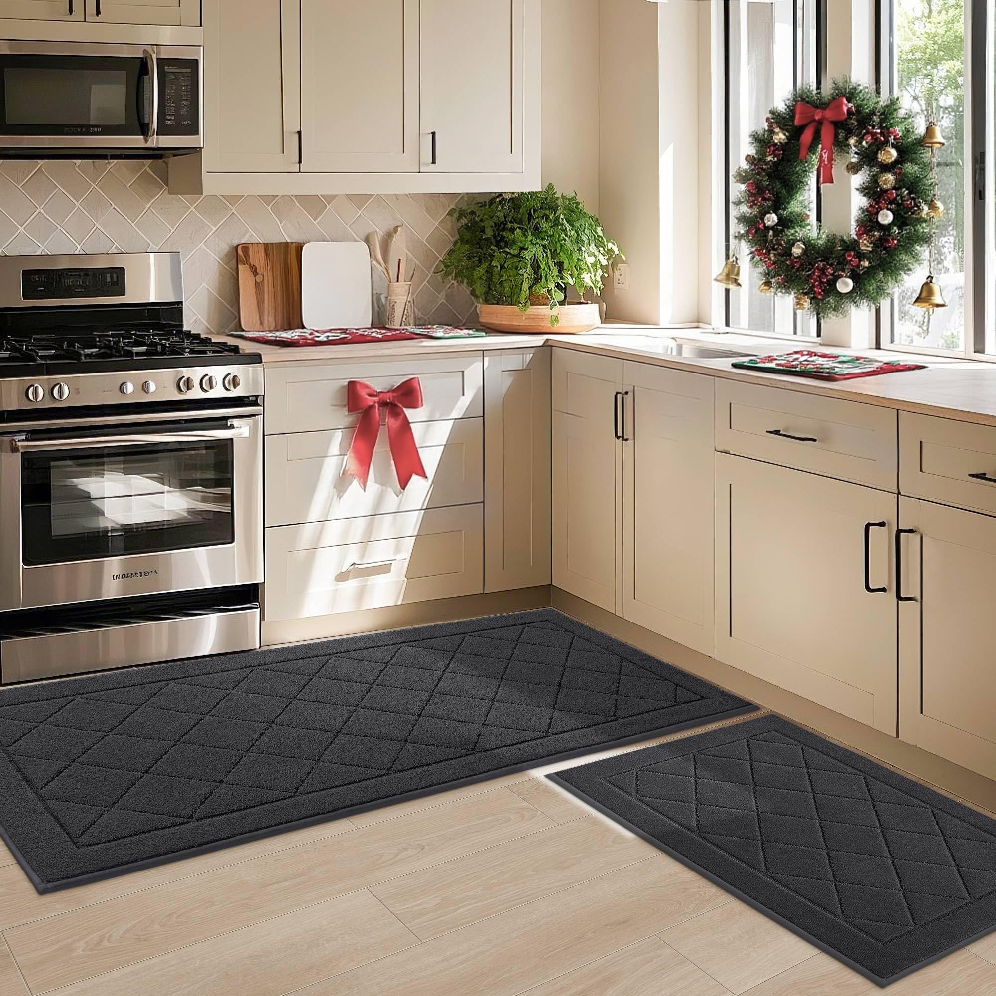JSEI Non-Slip Kitchen Rugs, Self Adhesive No Sliding Kitchen Mats Set of 2, Soft Washable Absorbent Floor Mat for Kitchen, Bathroom, Laundry Room, Bedroom, 24”x36”+24”x60”, Dark Grey, Diamond Pattern