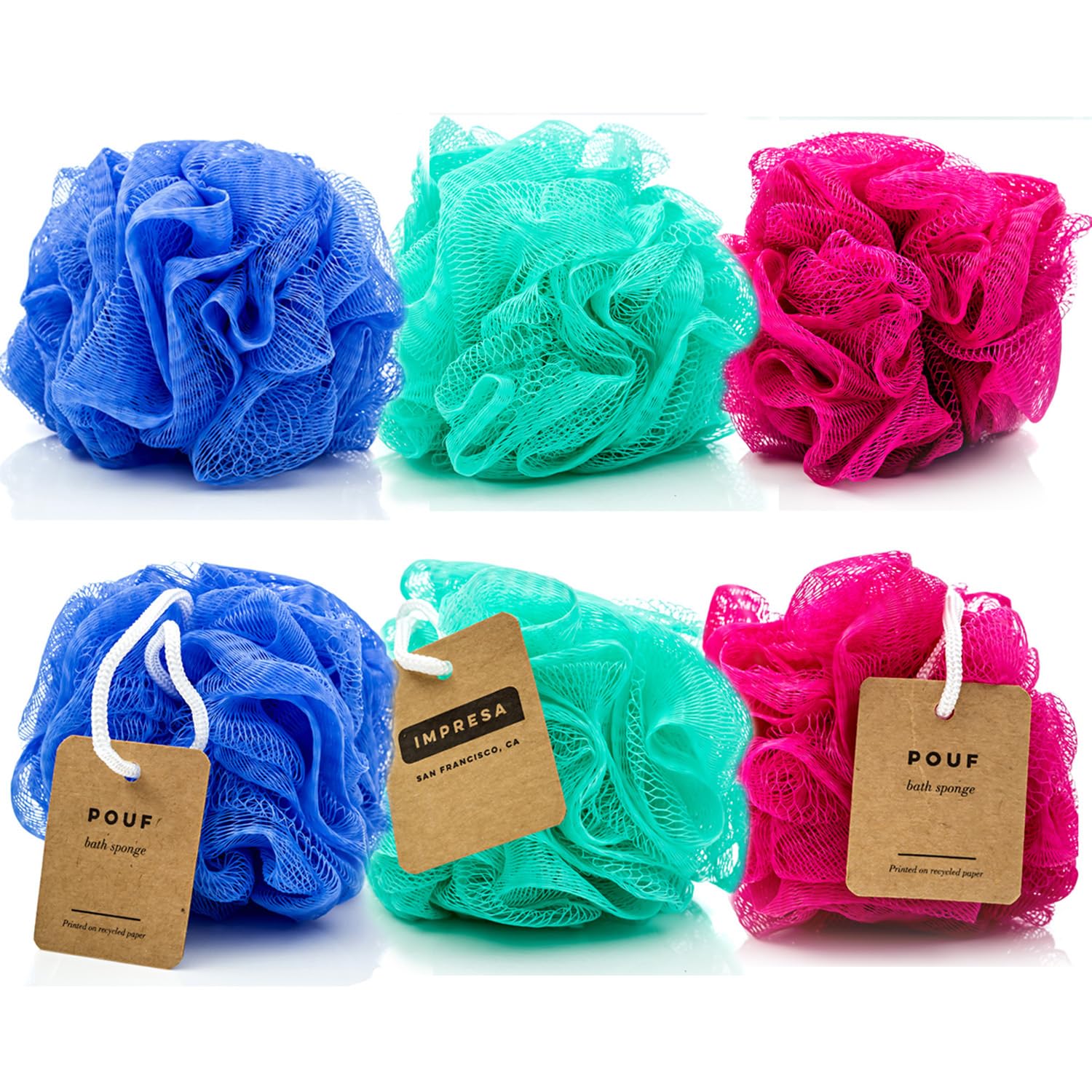 IMPRESA Loofah (Luffa) Mesh Bath & Shower Sponges, Bulk 6-Pack for Adults, Kids - Loofah Sponge - Lufas for Men - Shower Pouf - Lufas for Women